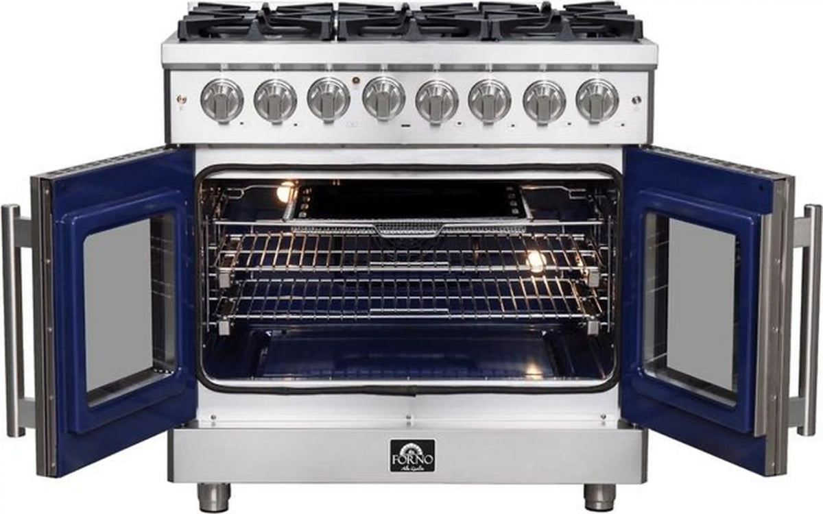 Freestanding dual fuel range with open oven doors and visible racks