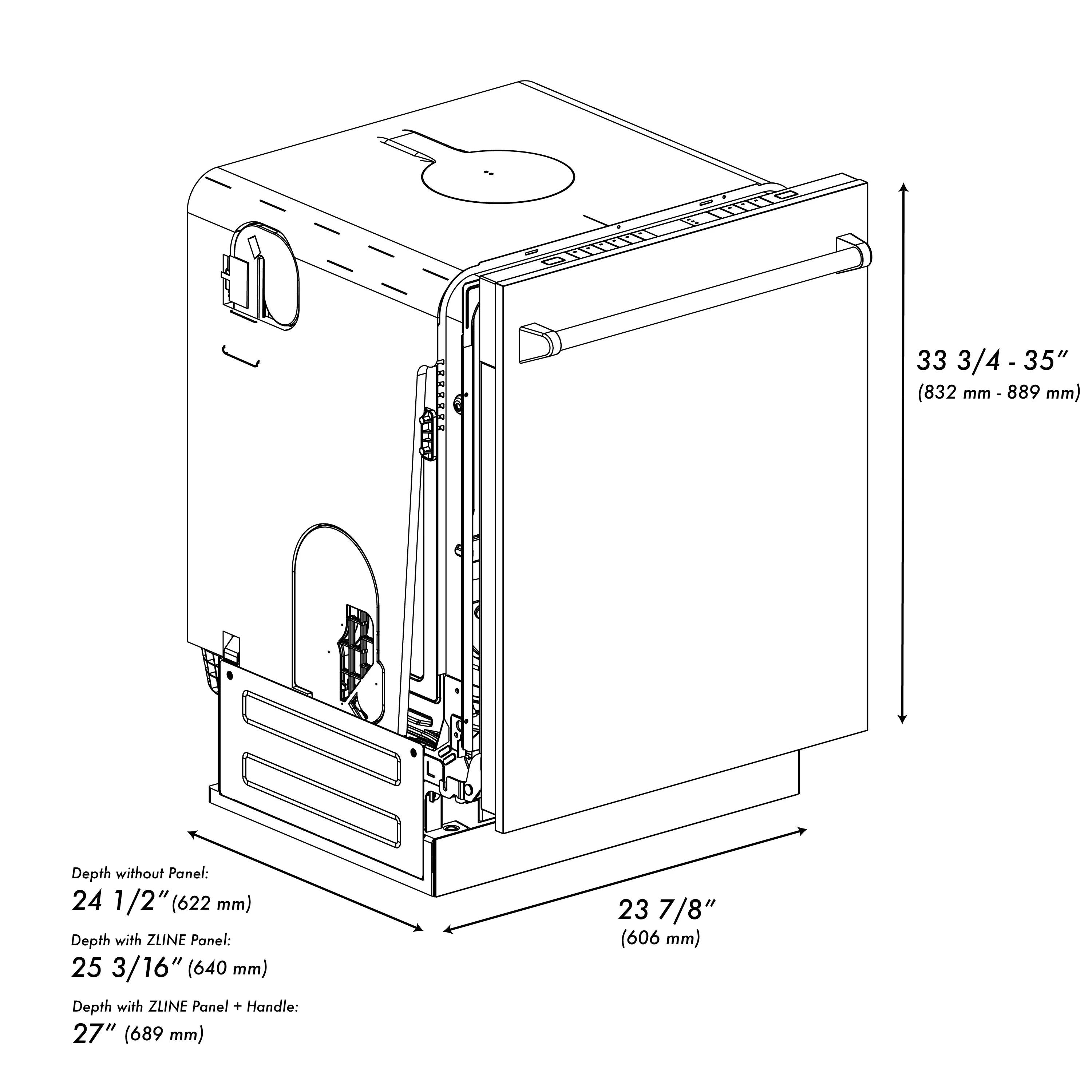 Appliance unit dimension diagram with open front door and side view