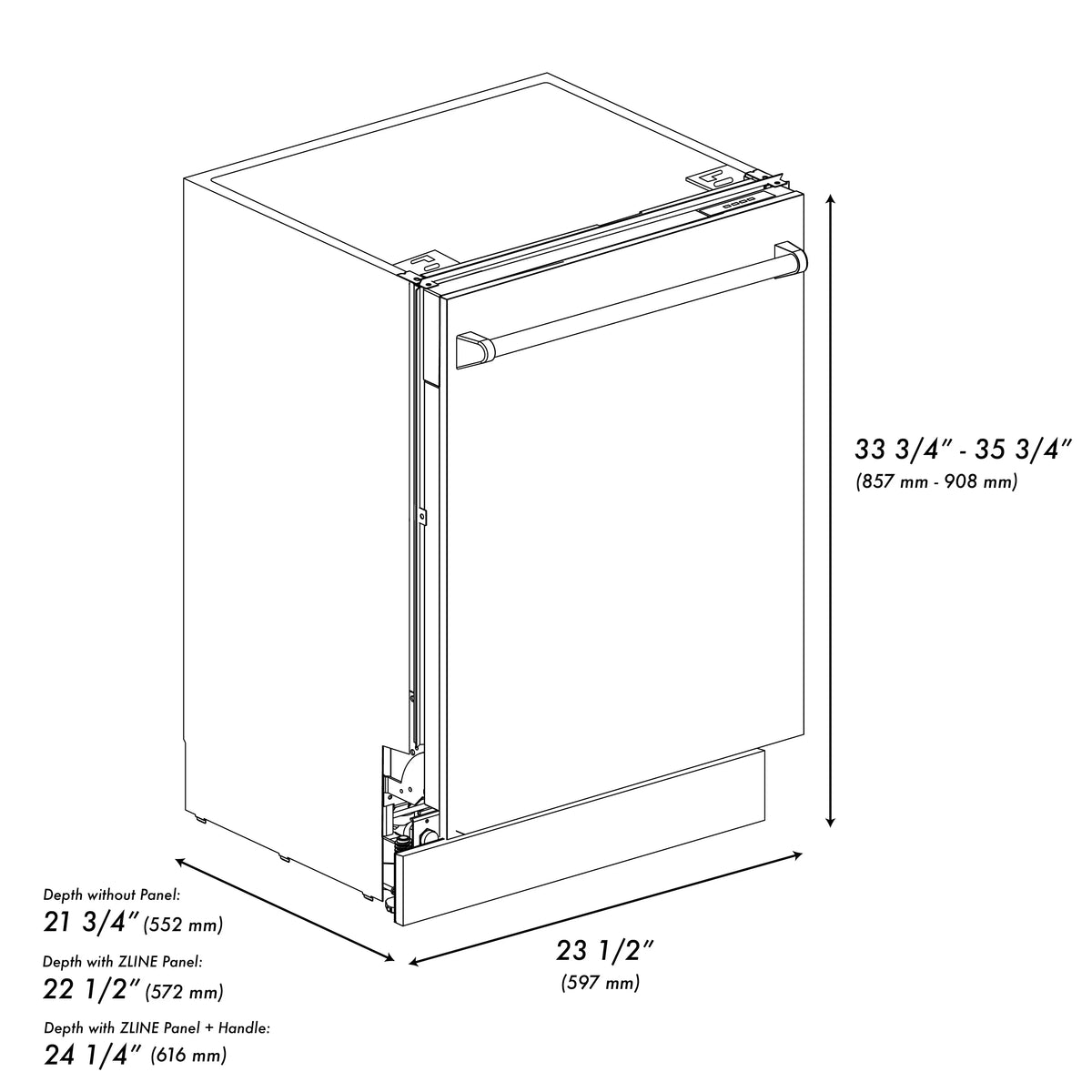 Dishwasher dimensions diagram with depth and height measurements