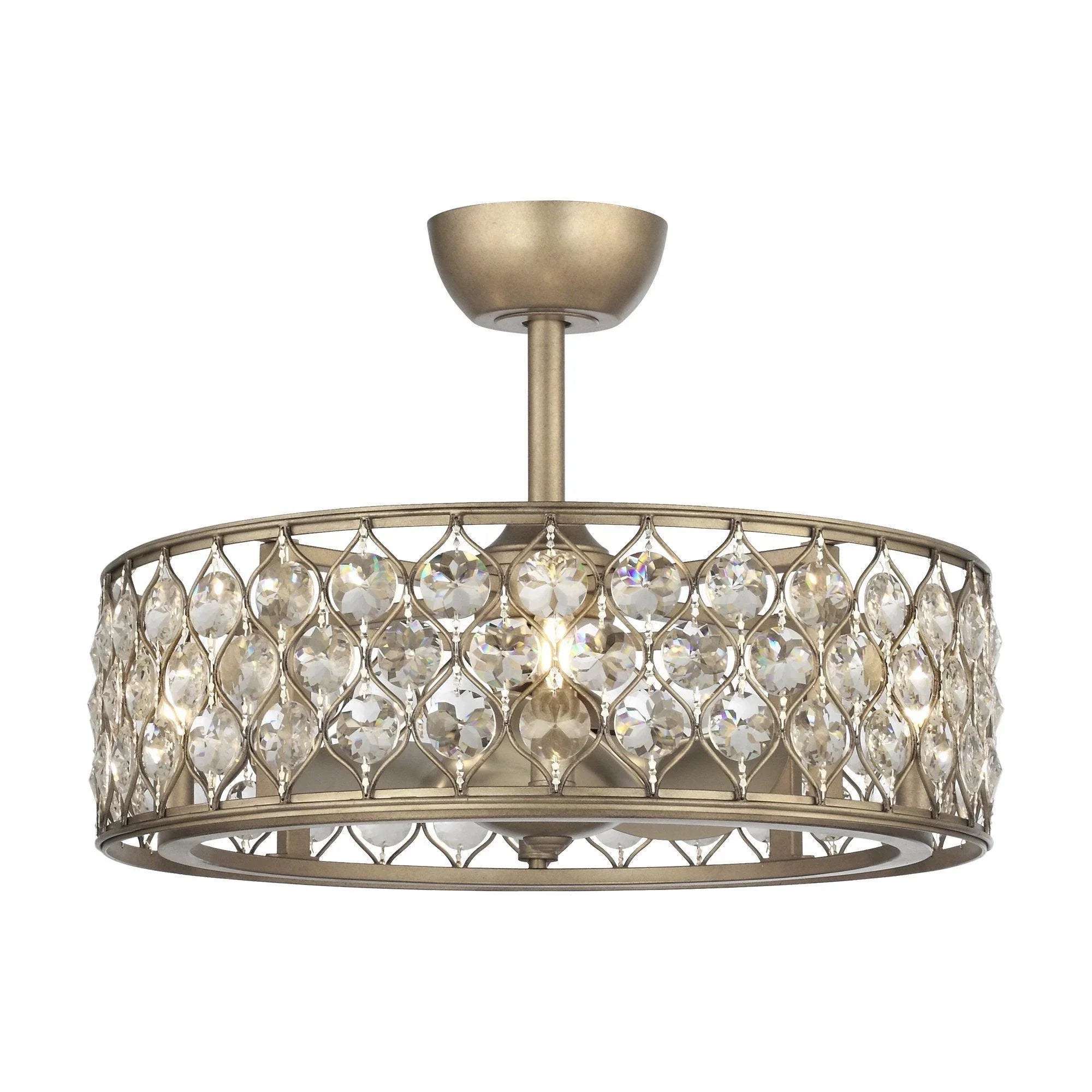 Golden ceiling fan chandelier with crystal-like drum shade and circular metal frame