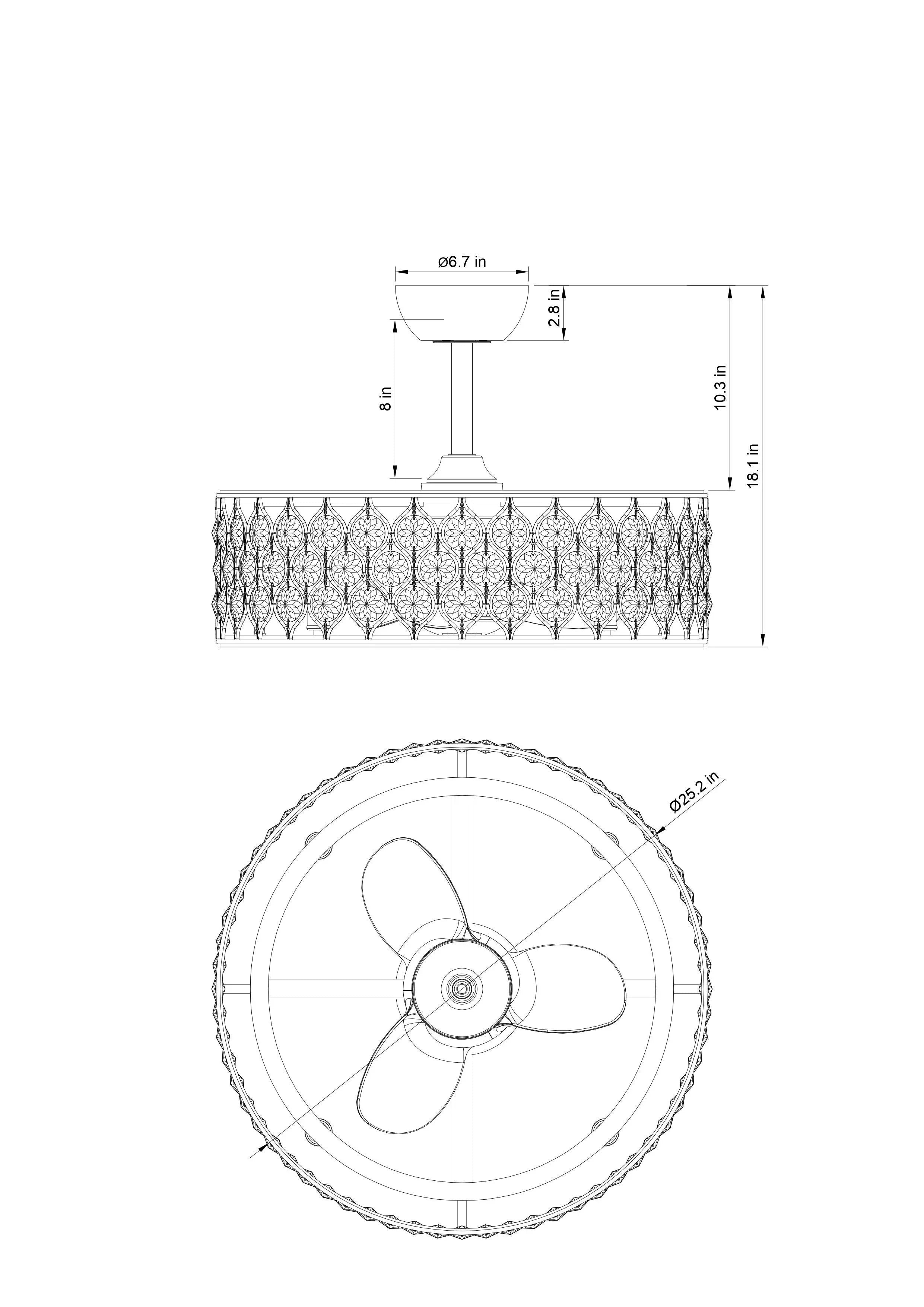 Ceiling fan chandelier diagram showing crystal drum shade and circular blade view