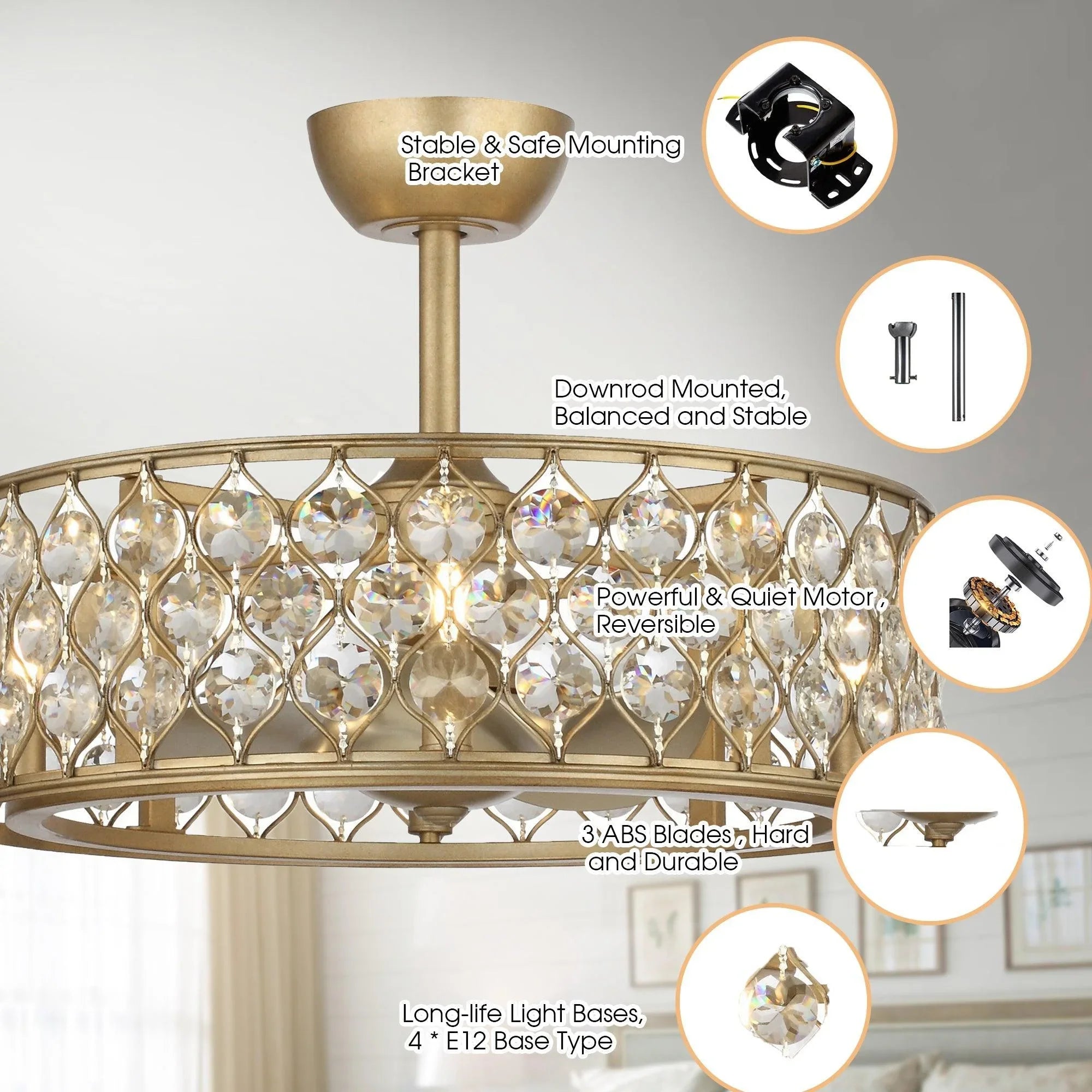 Golden ceiling fan chandelier with crystal drum shade and remote control icons