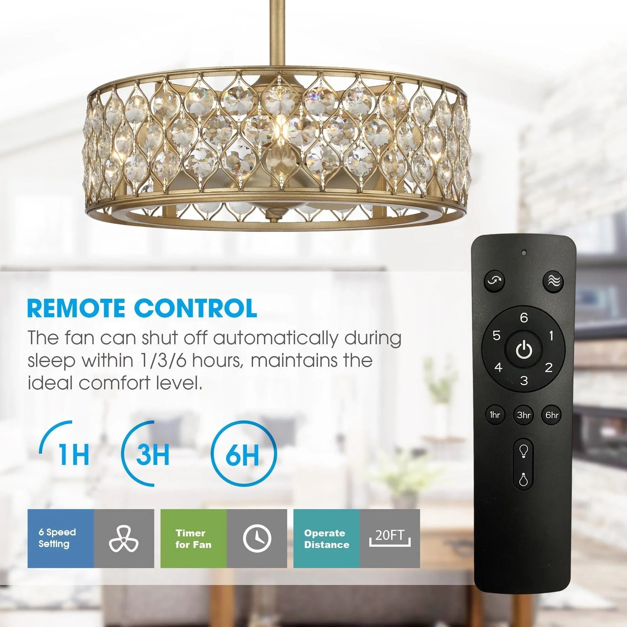 Golden ceiling fan chandelier with crystal drum shade and handheld remote control