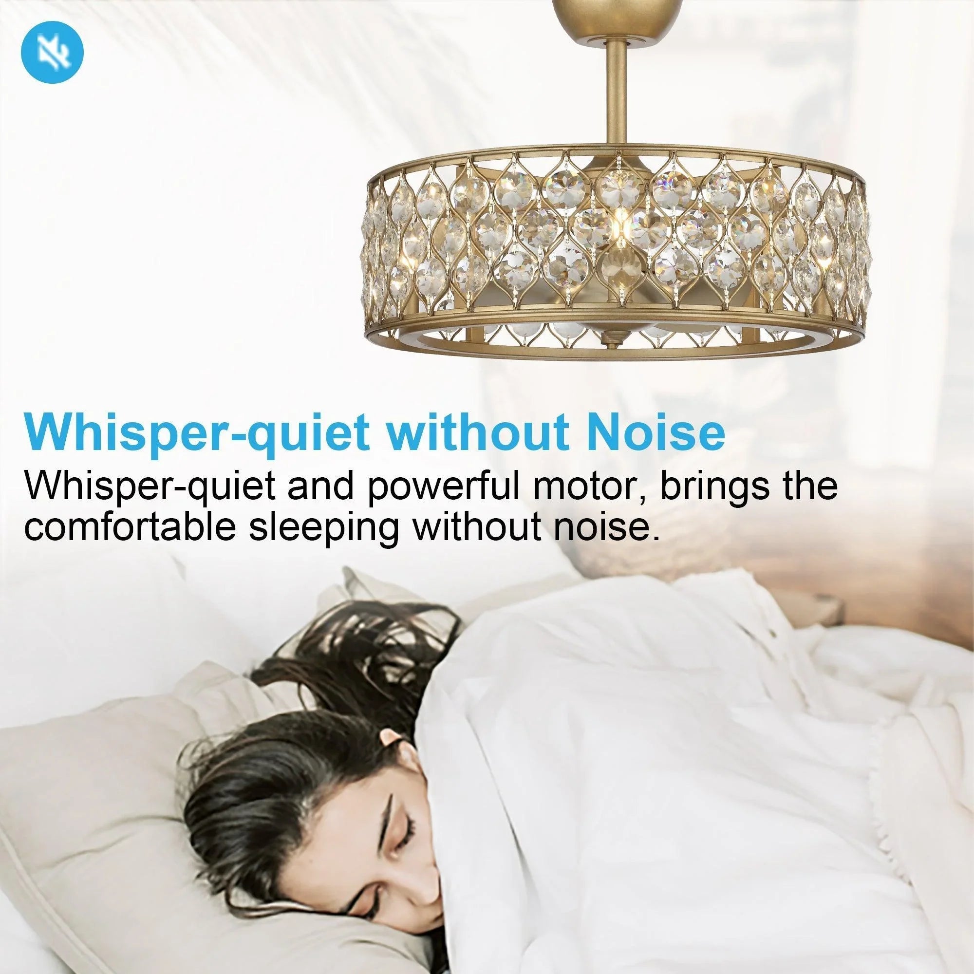 Golden ceiling fan chandelier with lit crystal drum shade