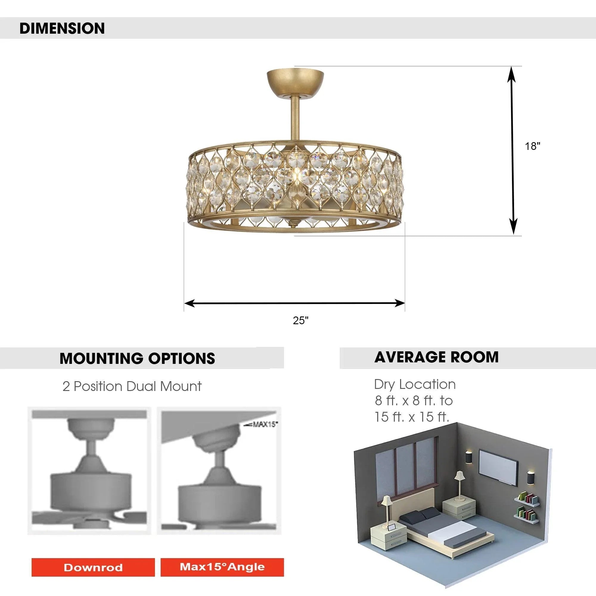 Golden ceiling fan chandelier dimension chart with width and height measurements