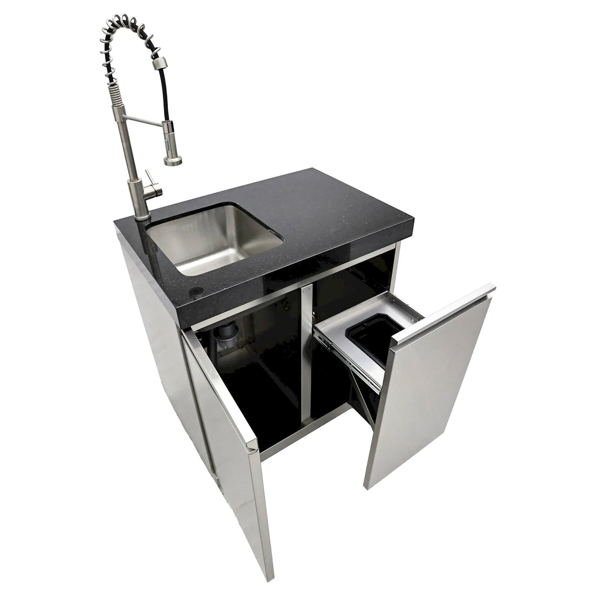 Outdoor BBQ beverage center with stainless sink basin, faucet, and black countertop