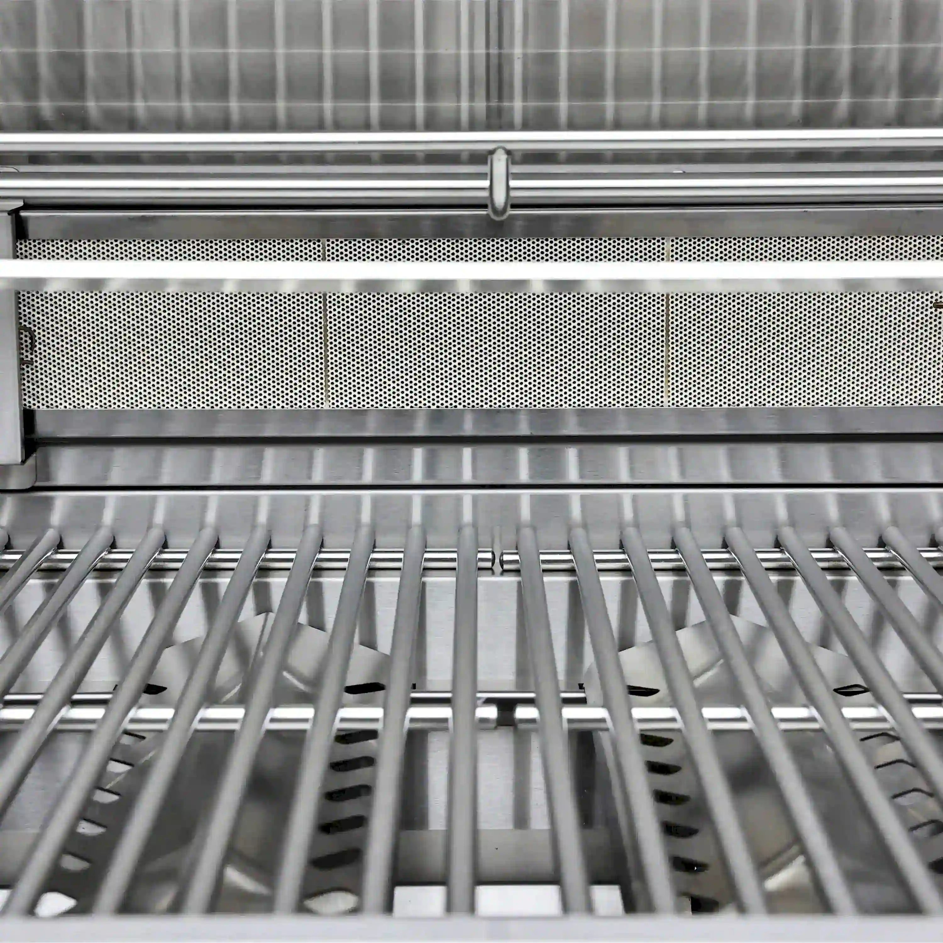 Stainless grill grates inside an outdoor gas grill with perforated back panel