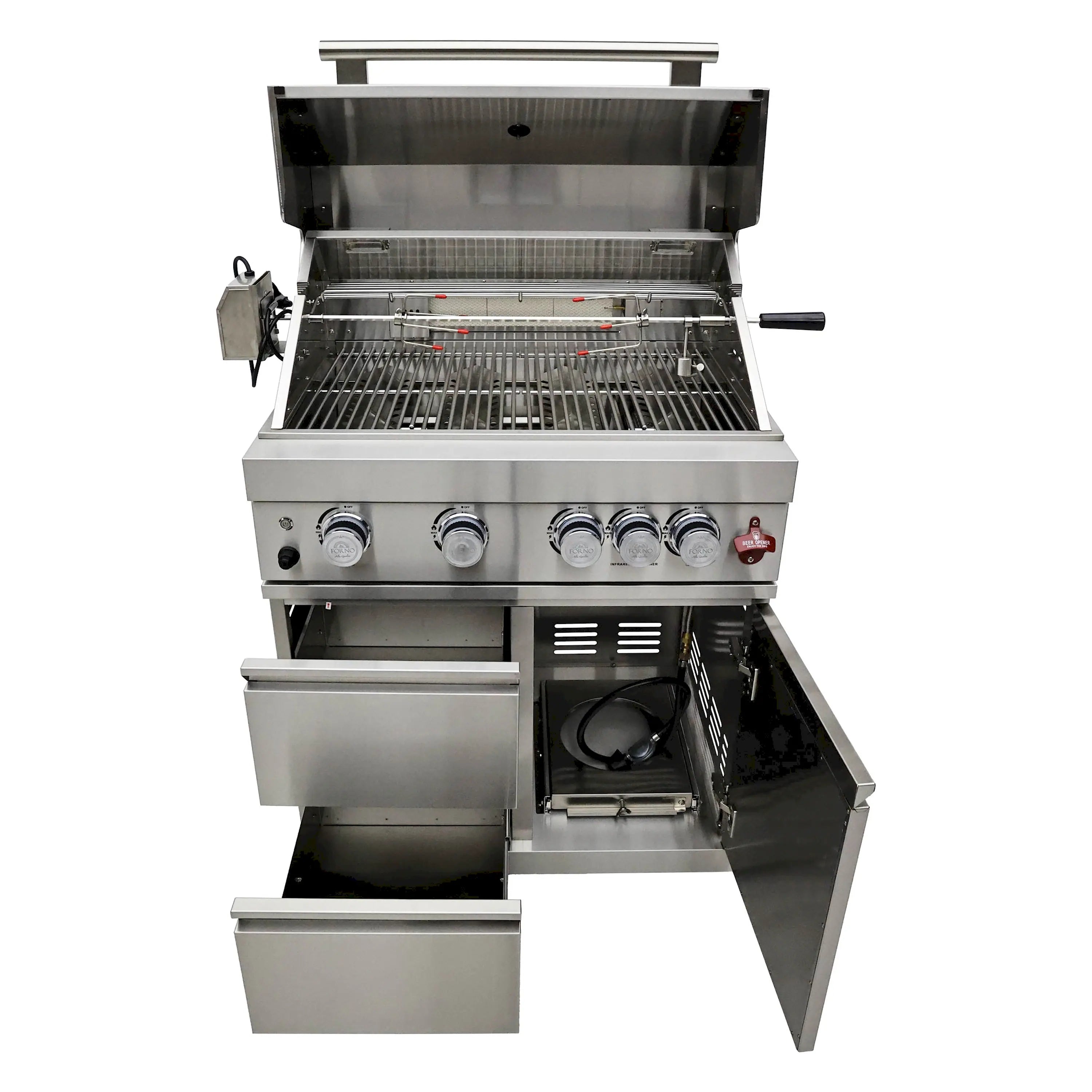 Open stainless BBQ grill with front burners, cooking grates, and side shelf
