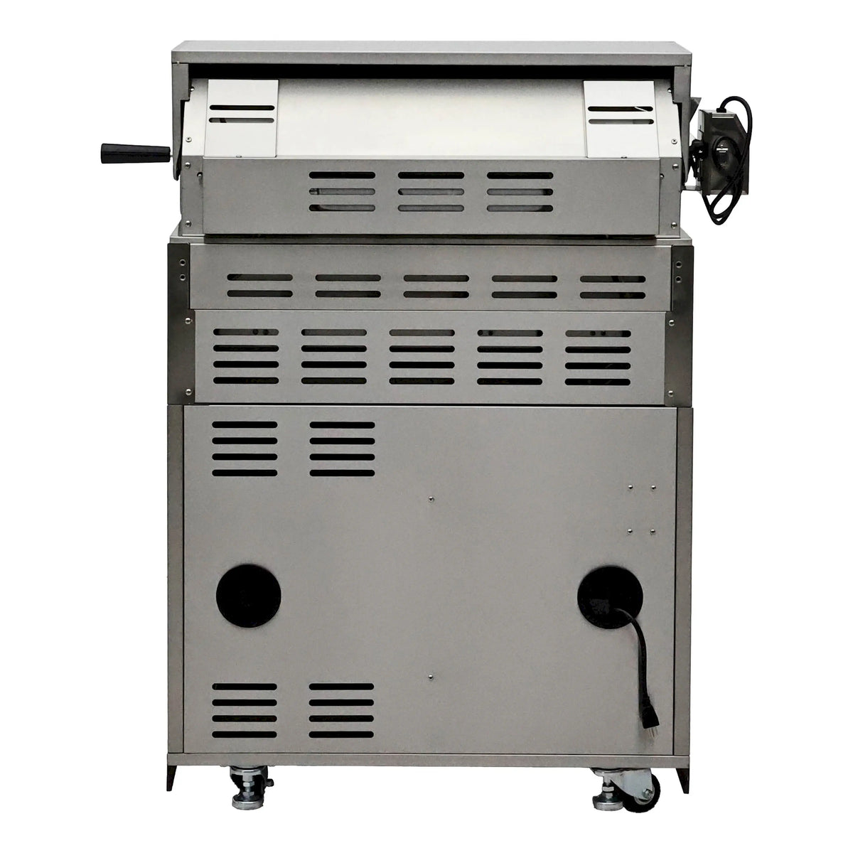 Stainless BBQ grill rear panel with vent slots, power box, and caster wheels
