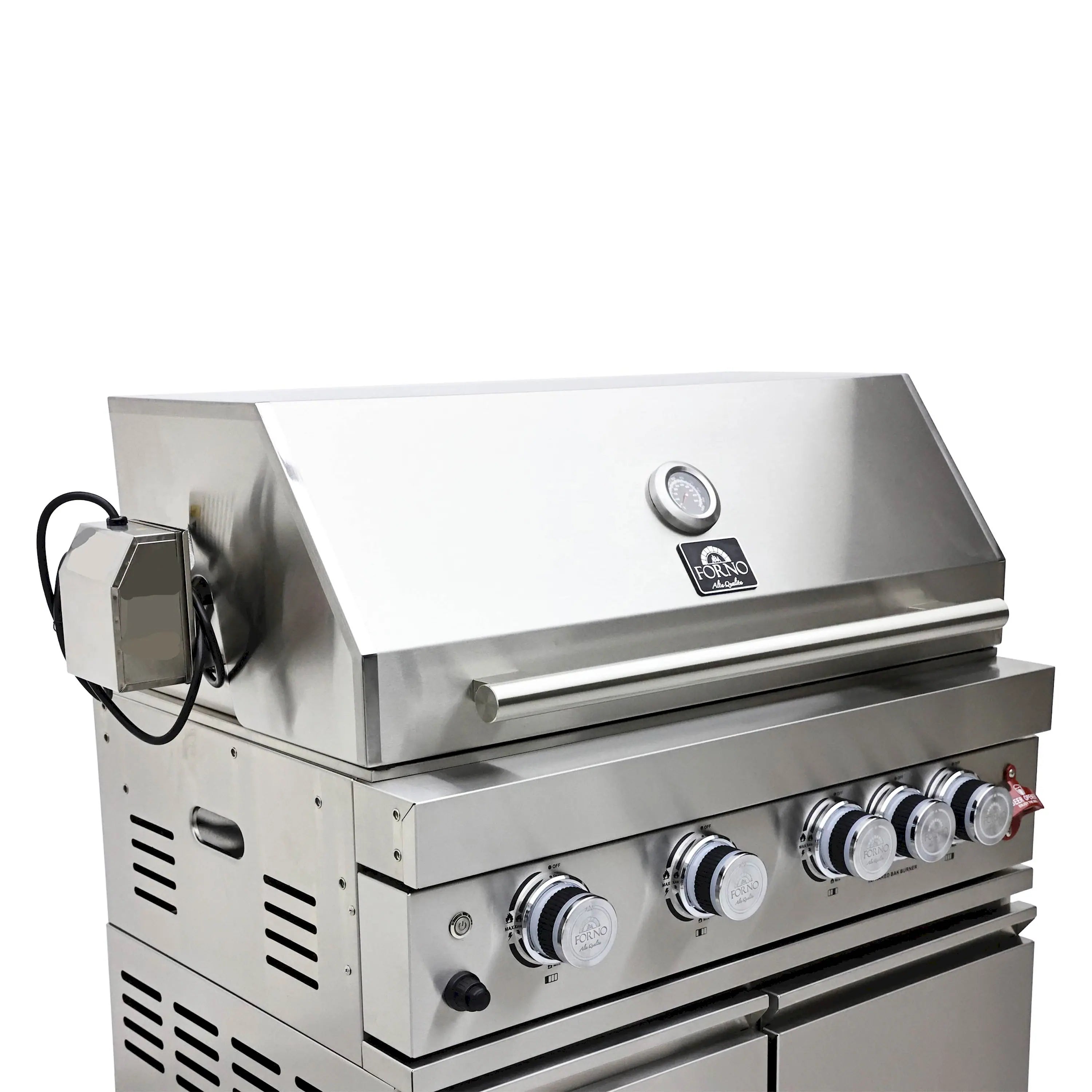 Stainless BBQ grill control panel with multiple knobs and lid-mounted thermometer