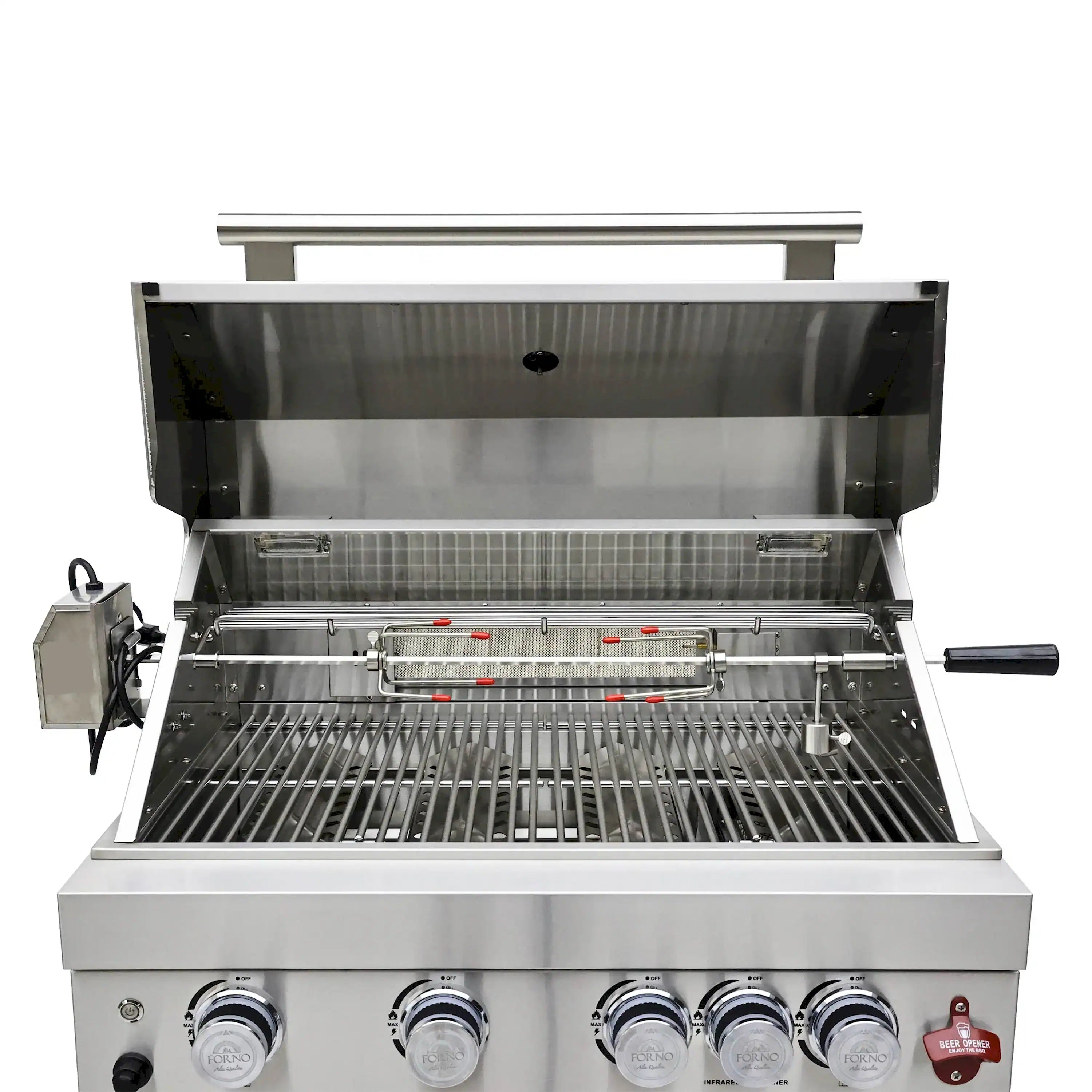 Open stainless BBQ grill with cooking grates, warming rack, and front control knobs