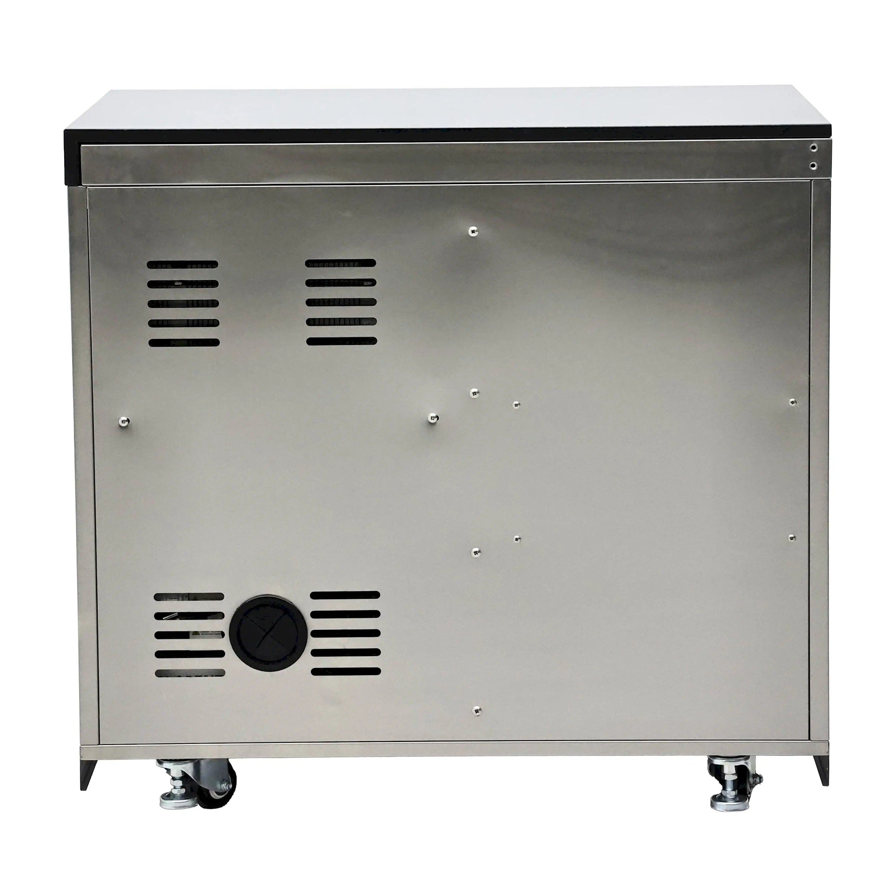 Stainless BBQ grill rear housing with vent openings and caster feet