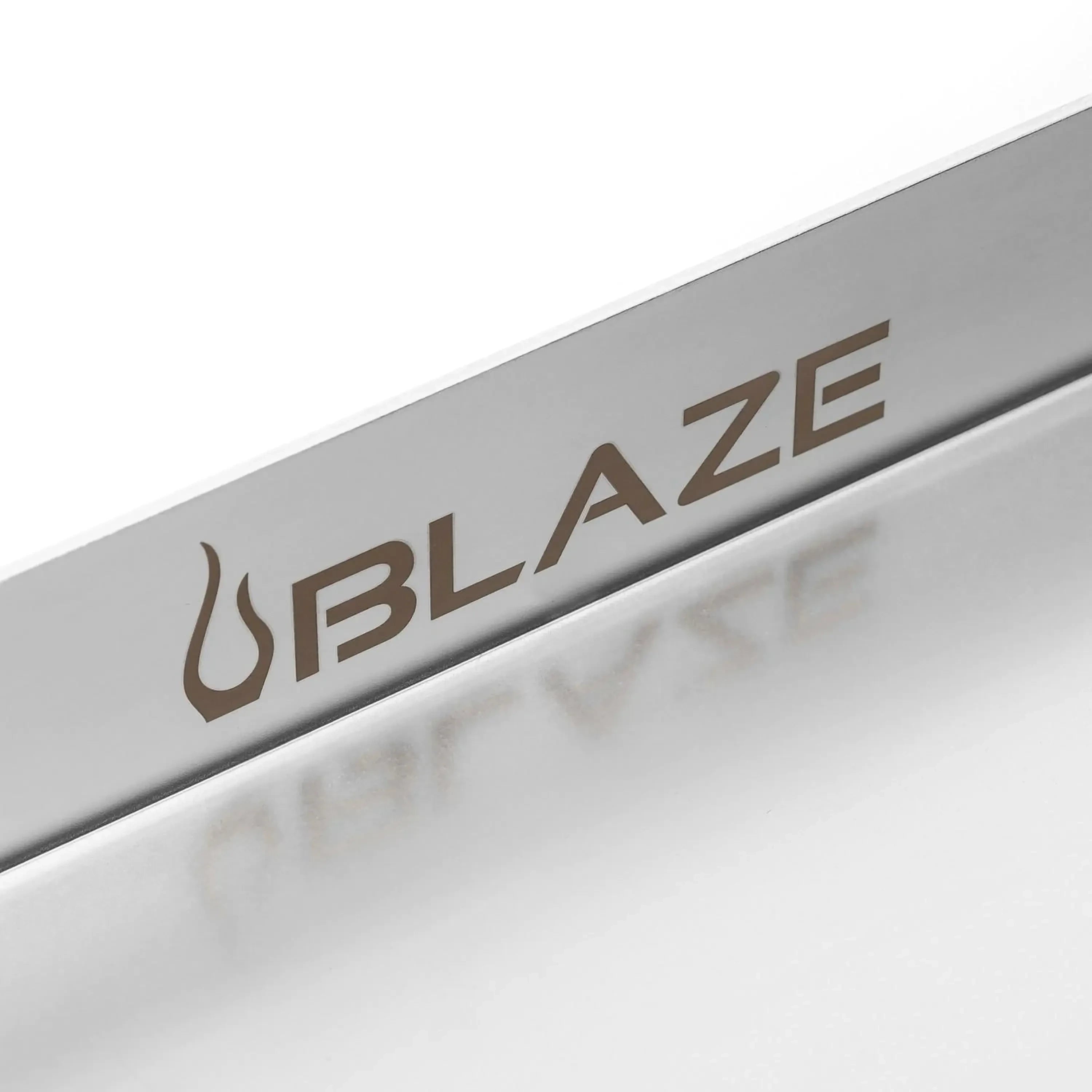 Blaze logo on stainless steel griddle plate side, with angled outer edge