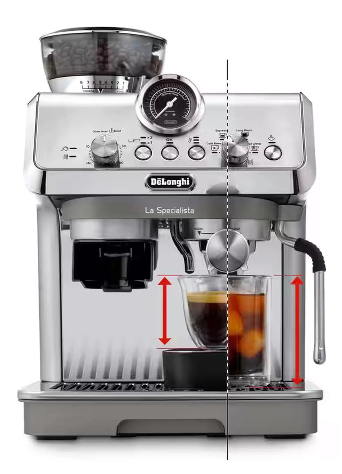 Silver espresso machine front view with steam wand and grinder hopper on top