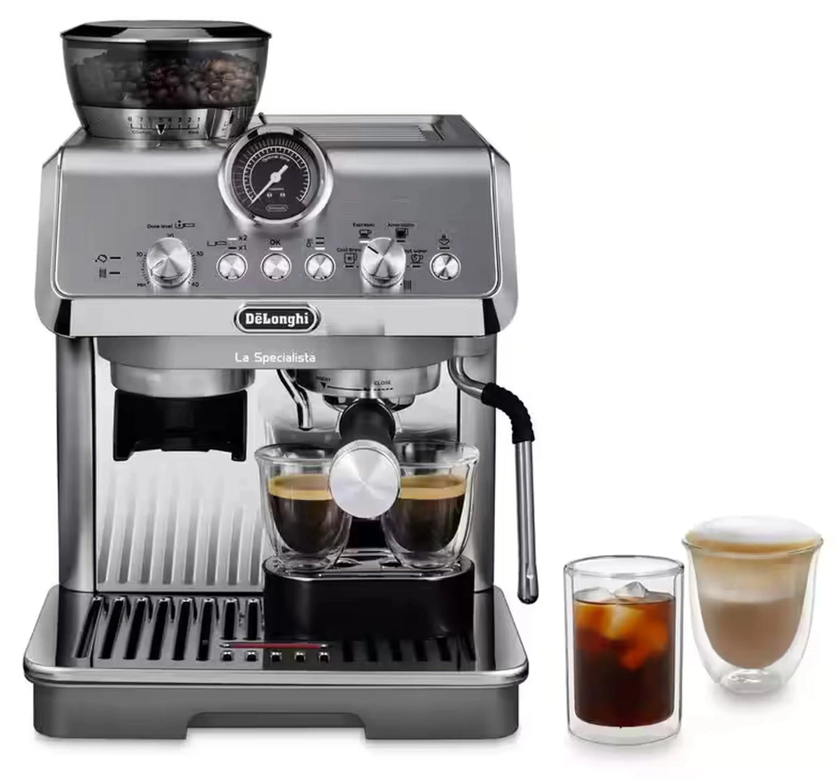 Silver espresso machine with two brewed drinks and milk pitcher cups