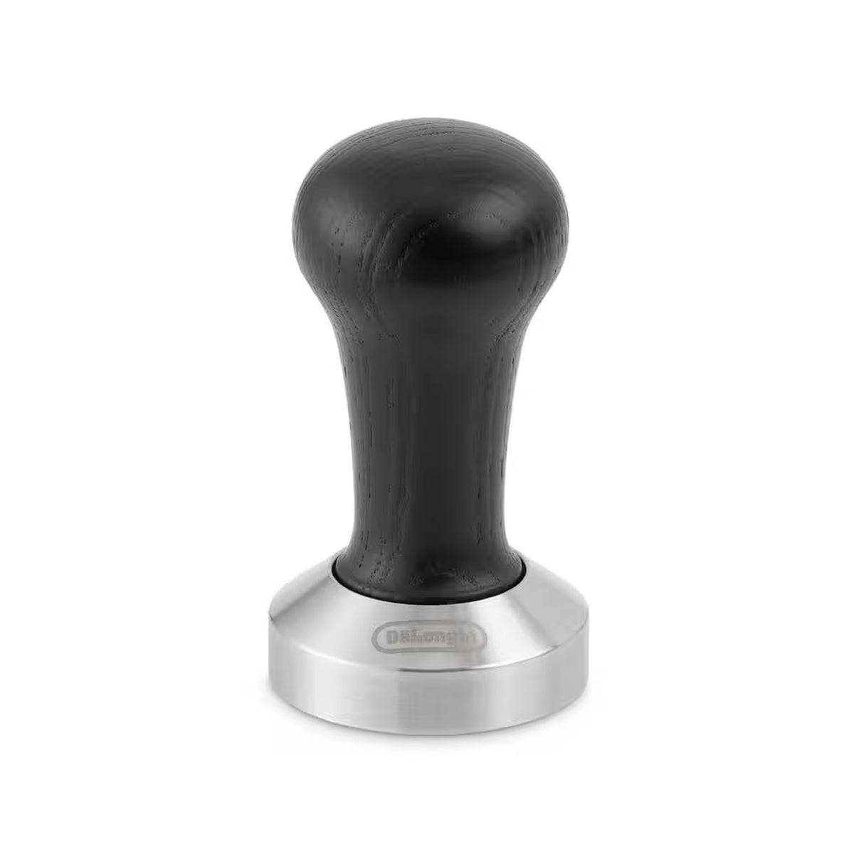Black coffee tamper with rounded handle and silver base plate