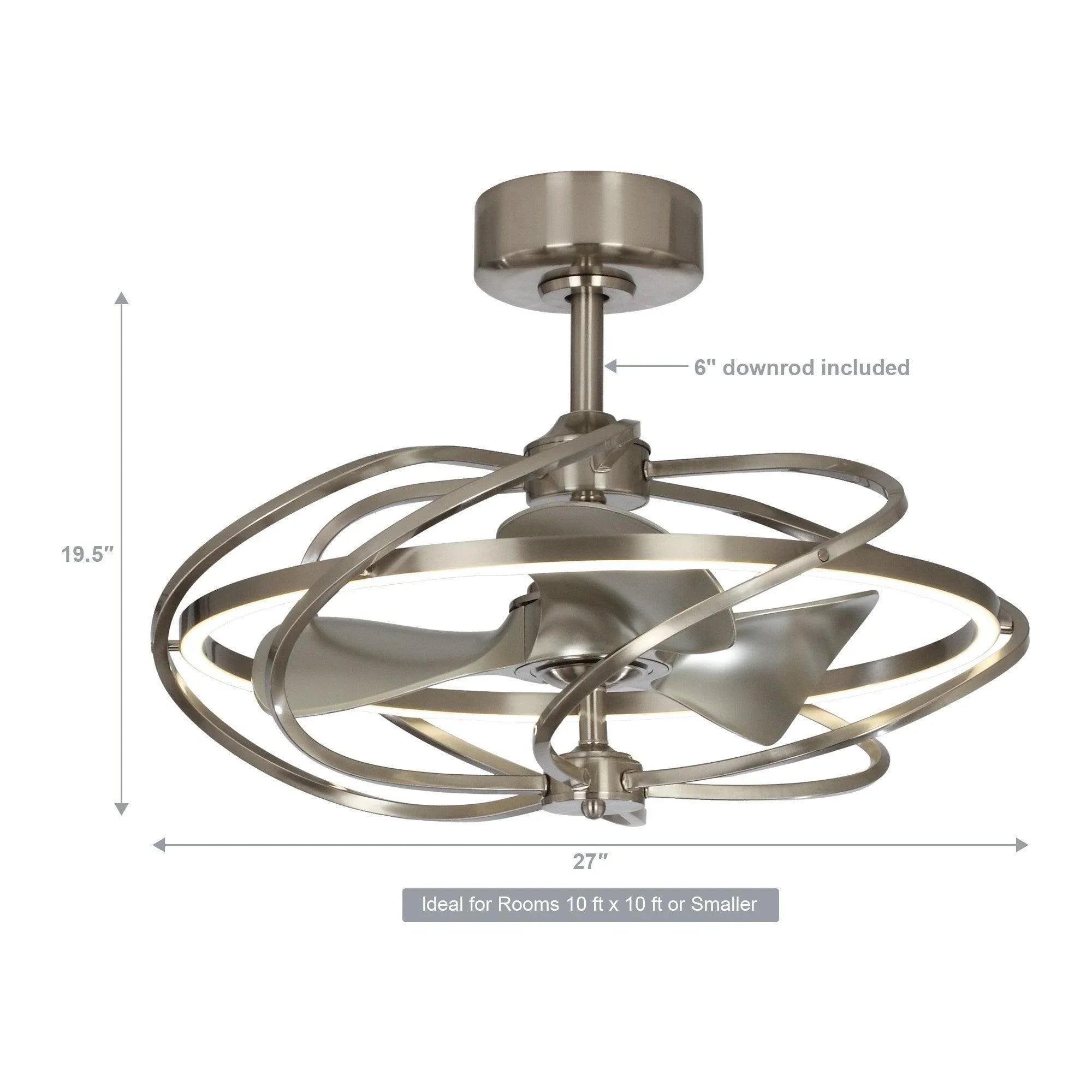 Brushed nickel ceiling fan with 6 in downrod included, 27-inch span, integrated LED lighting.