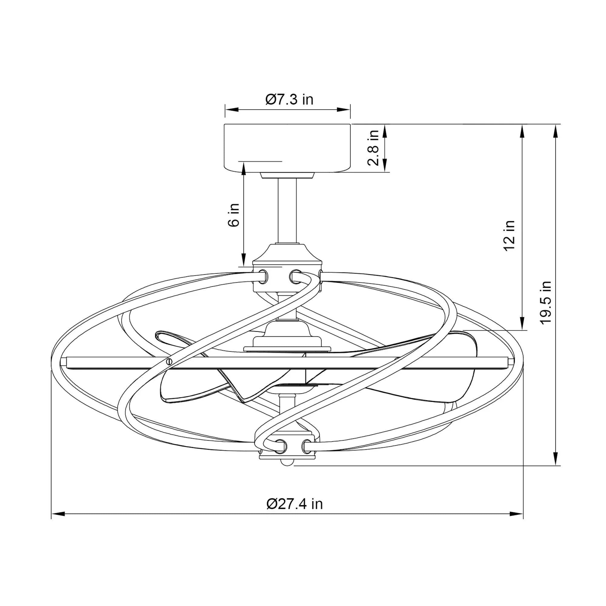 Brushed nickel ceiling fan with ring frame and three-blade design, shown with size dimensions.