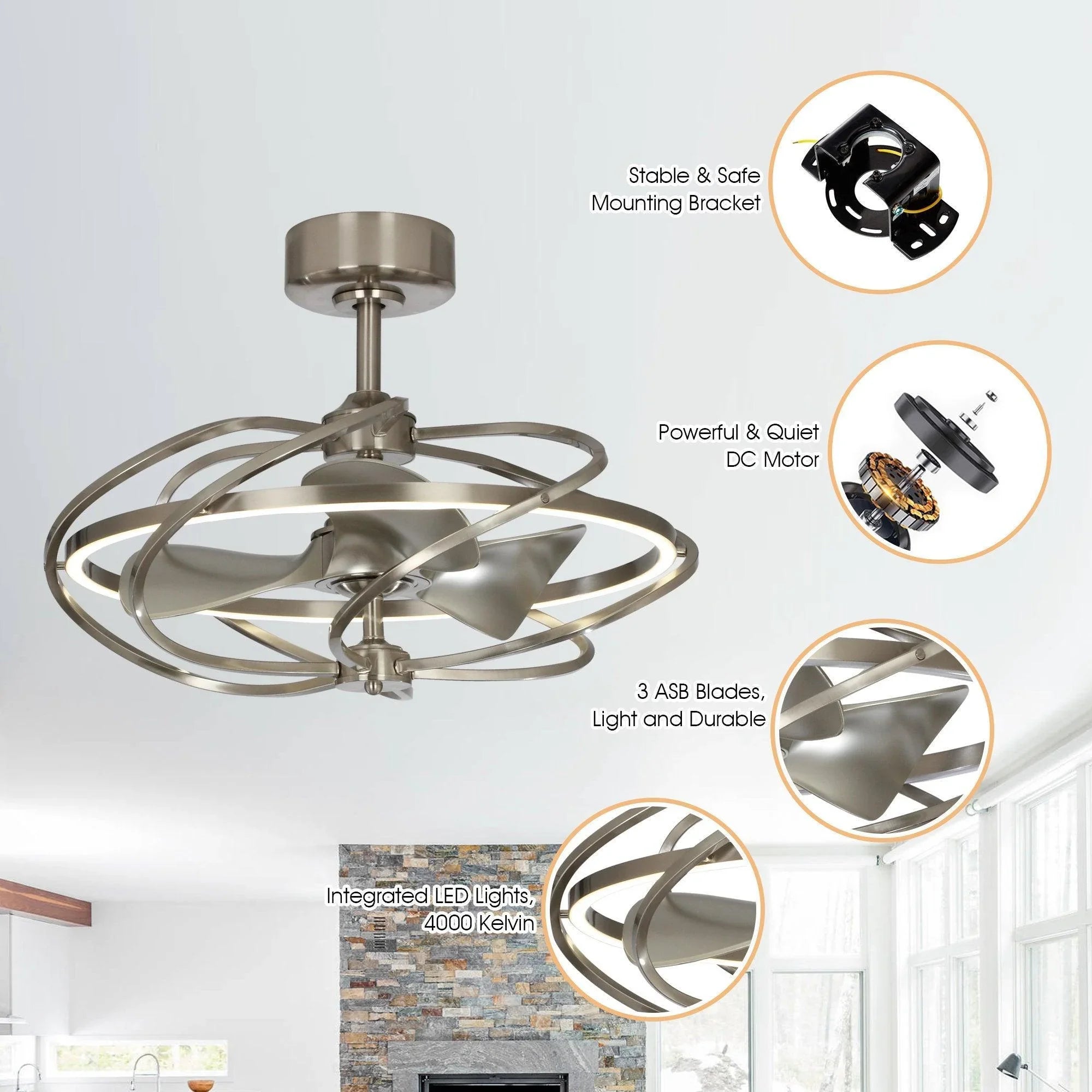 Brushed nickel ceiling fan with 3 blades and integrated LED light kit over the motor housing.