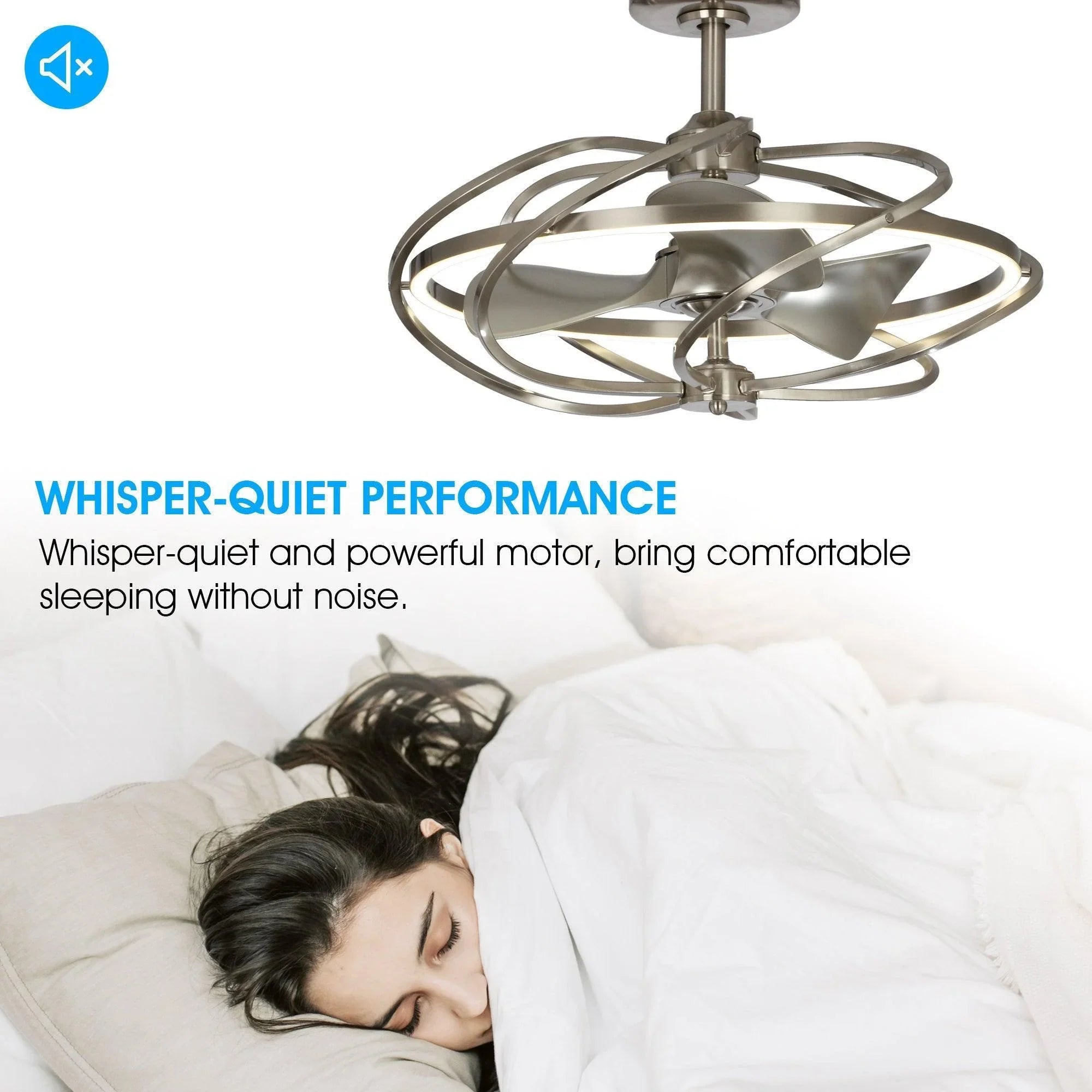 Brushed nickel ceiling fan with 3 blades and integrated LED lighting for quiet operation.