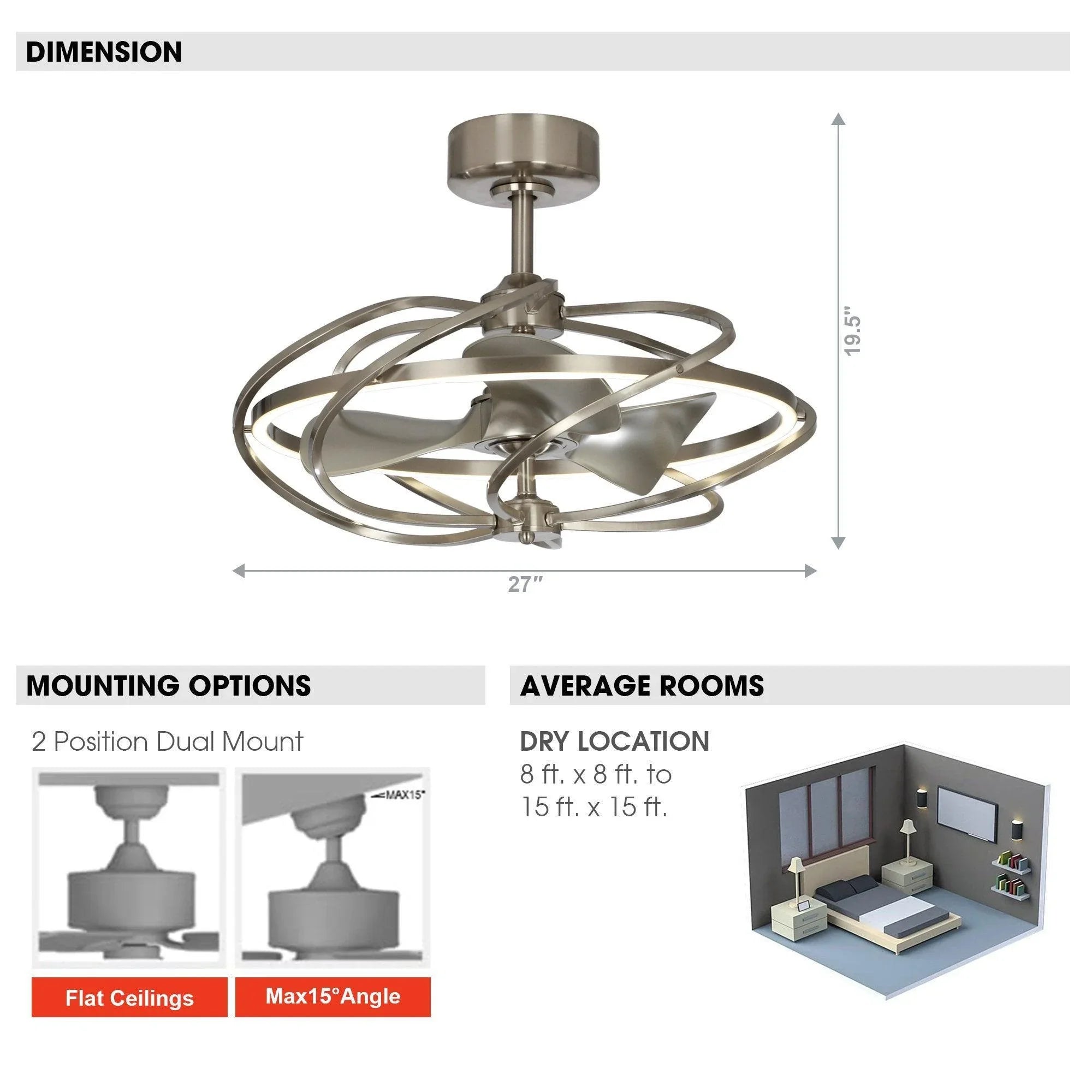 Brushed nickel 27-inch ceiling fan, dual-mount options, with integrated LED light kit.