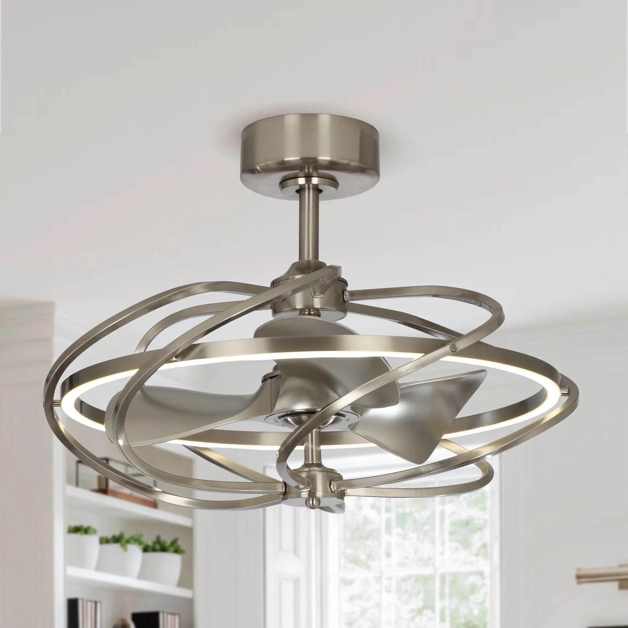 Brushed nickel ceiling fan with swirl blade ring and downrod mount