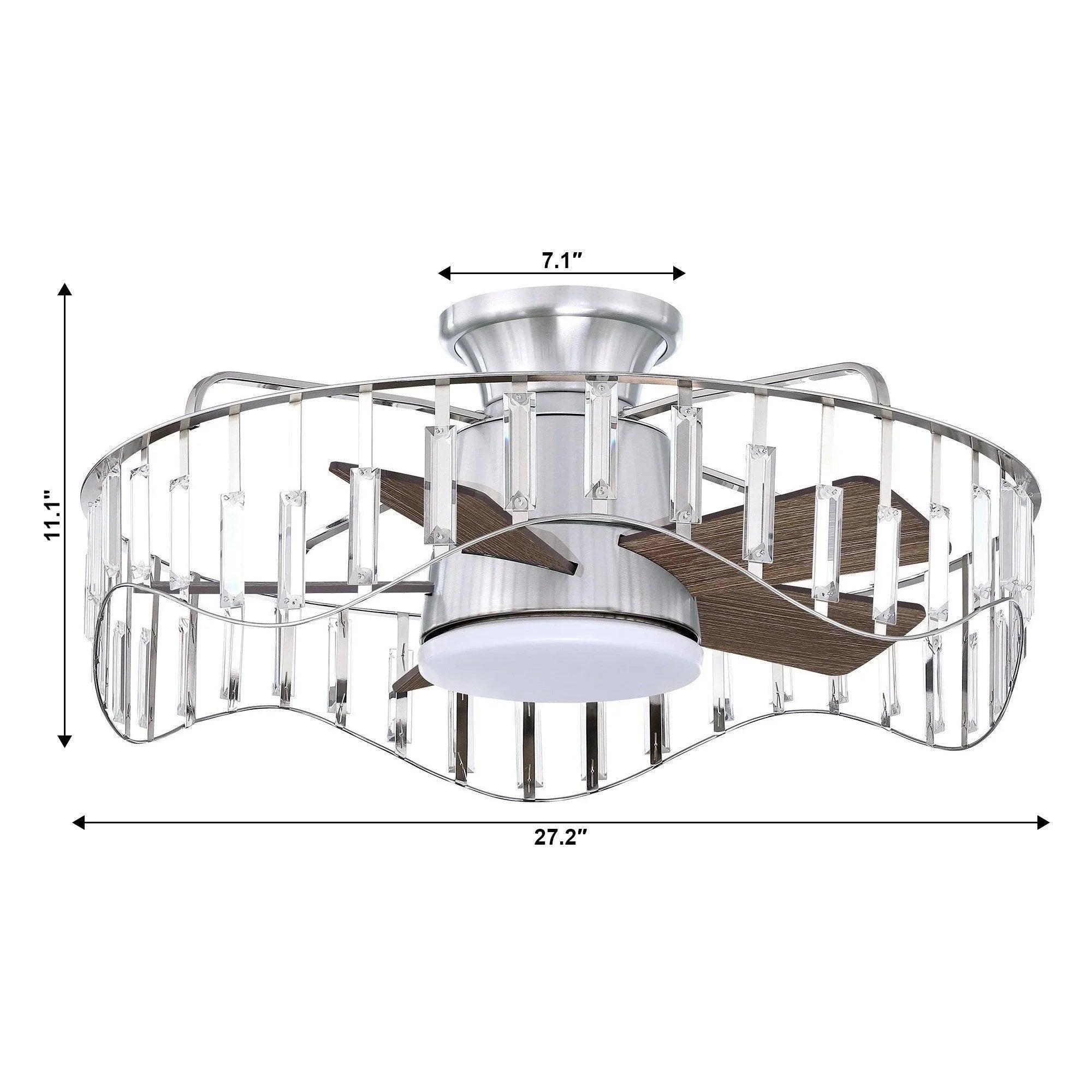 Brush nickel flush-mount ceiling fan with circular glass cage, white diffuser, and dark blades