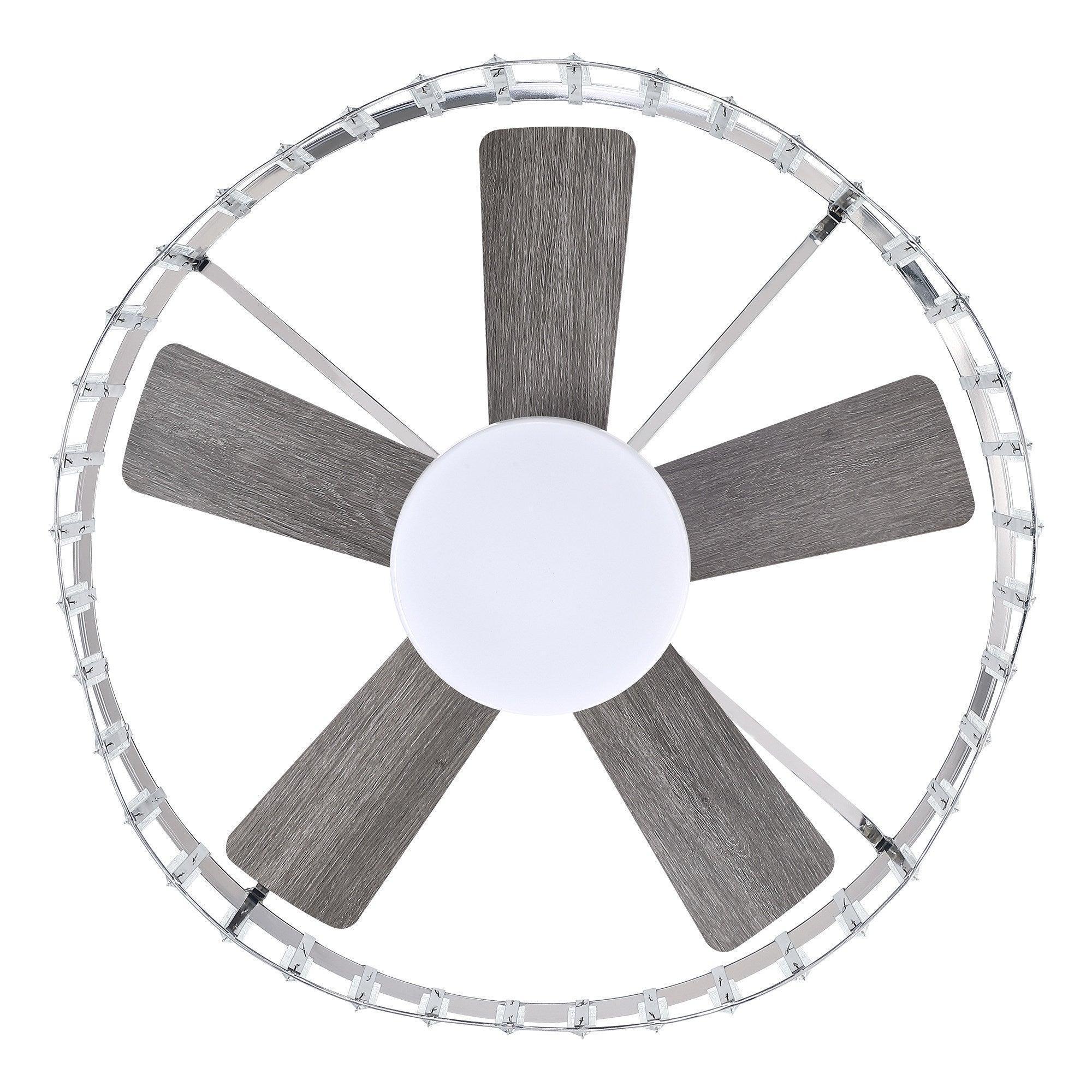 Flush-mount ceiling fan with white light diffuser and five dark reversible blades