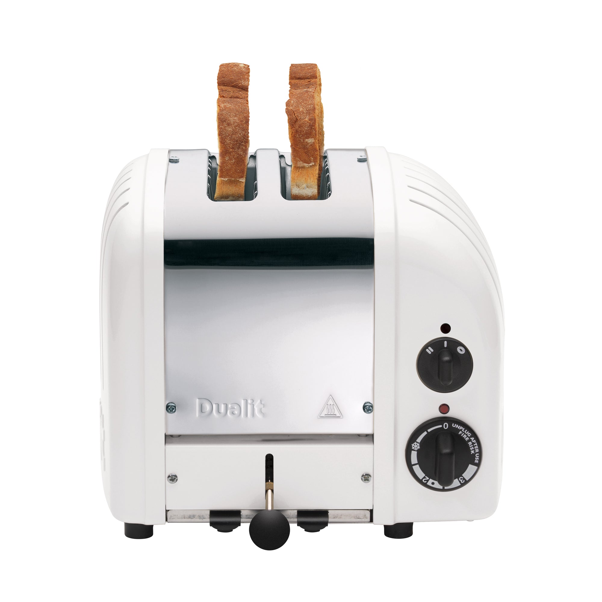 White 2-slice toaster with two bread slices in slots and side control dials