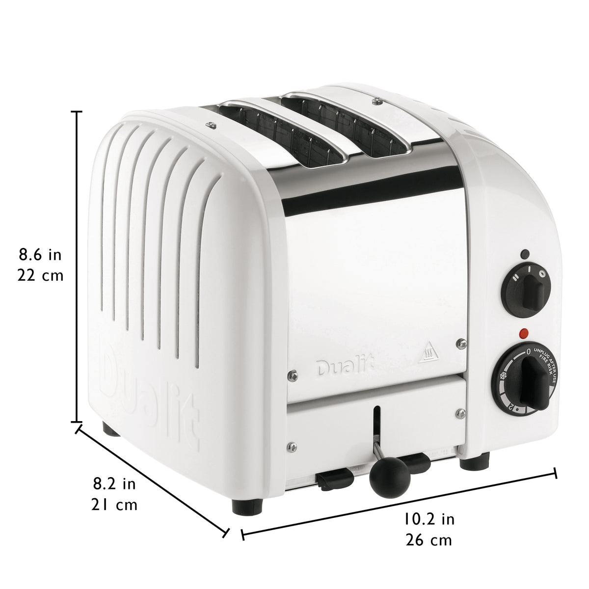 White 2-slice toaster with two slots and side dial controls, angled front view