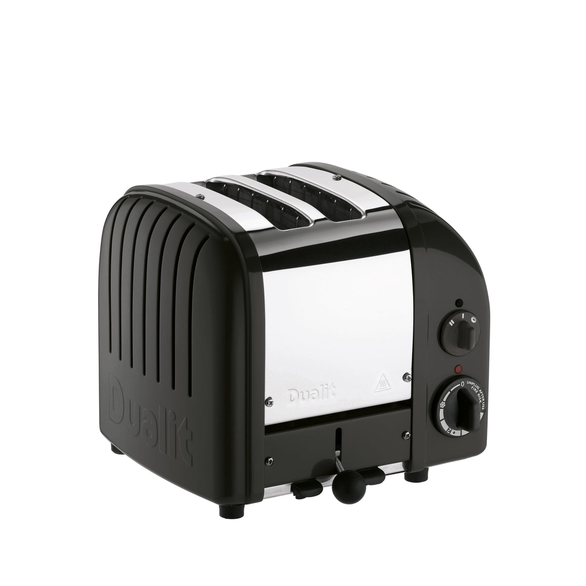Matte black 2-slice toaster with dual slots, control dials, and pop-up lever