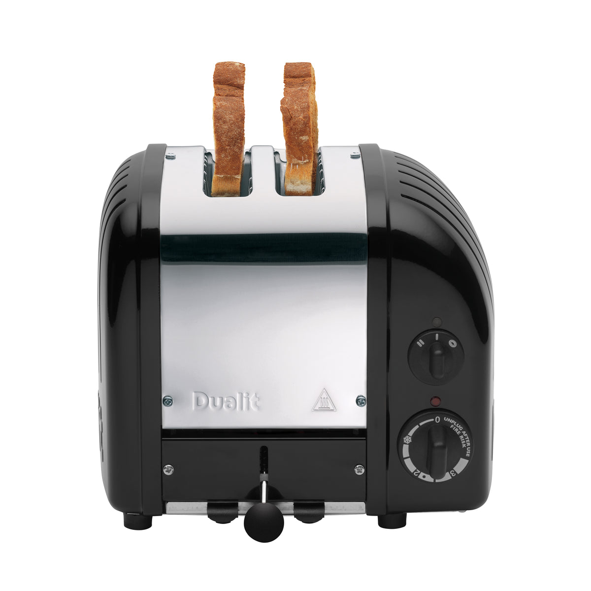 Matte black 2-slice toaster with top slots, browning dial, and front lever