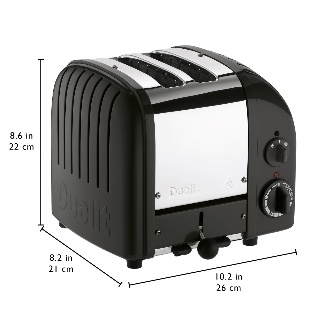 Matte black 2-slice toaster with side browning dial, front lever, and size markings