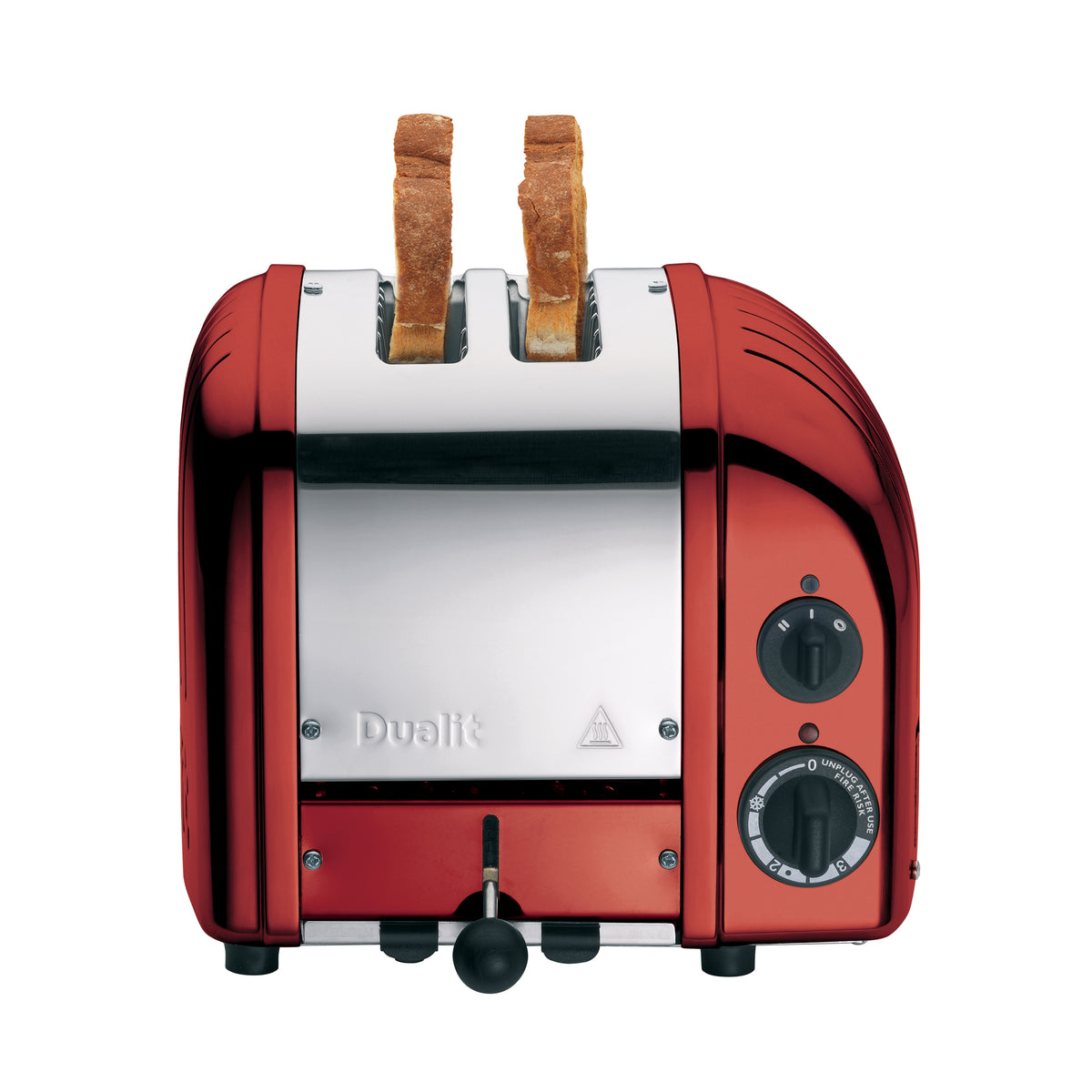 Red 2-slice toaster front view with open slots and two browning dials