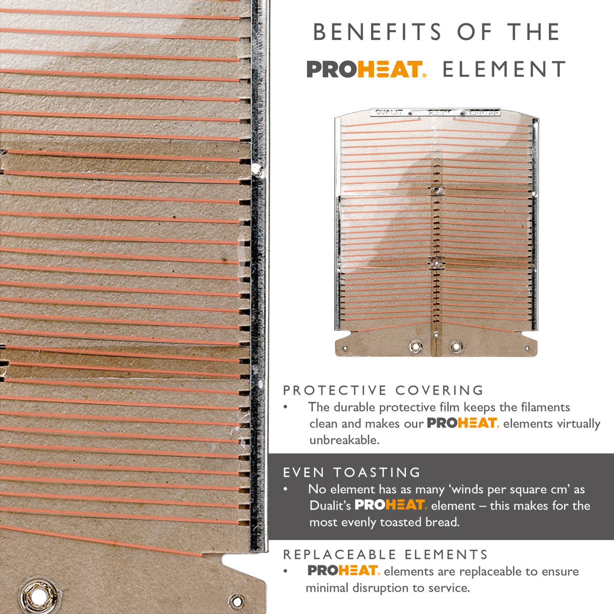 Toaster heating element panel with protective covering and even-toast elements