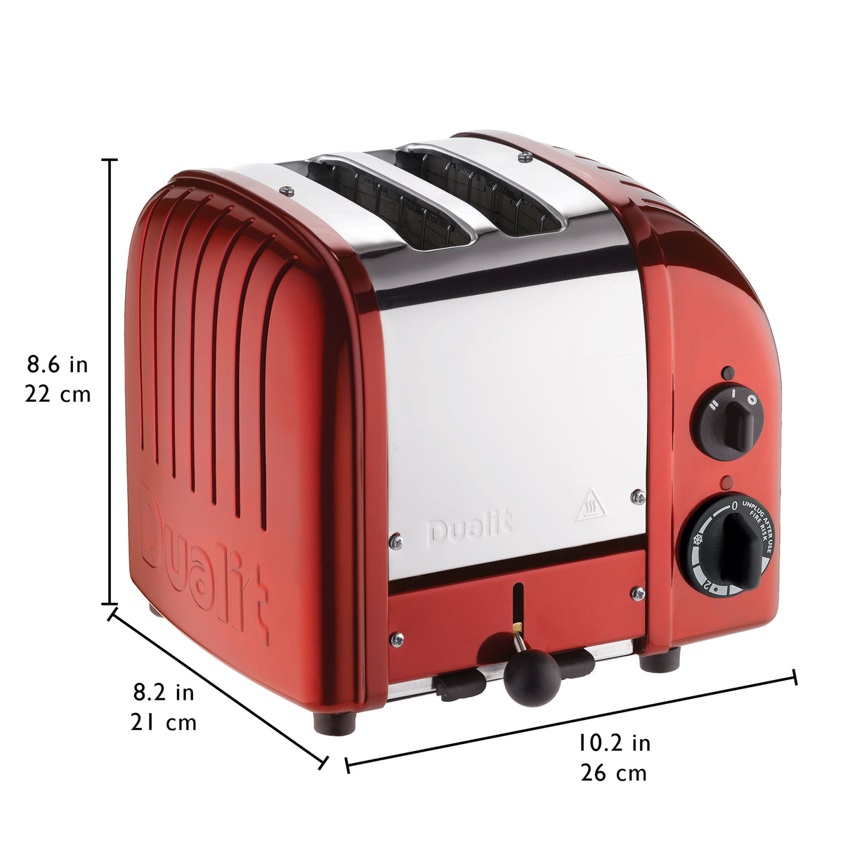 Red 2-slice toaster with stainless front, compact shape, and two control knobs