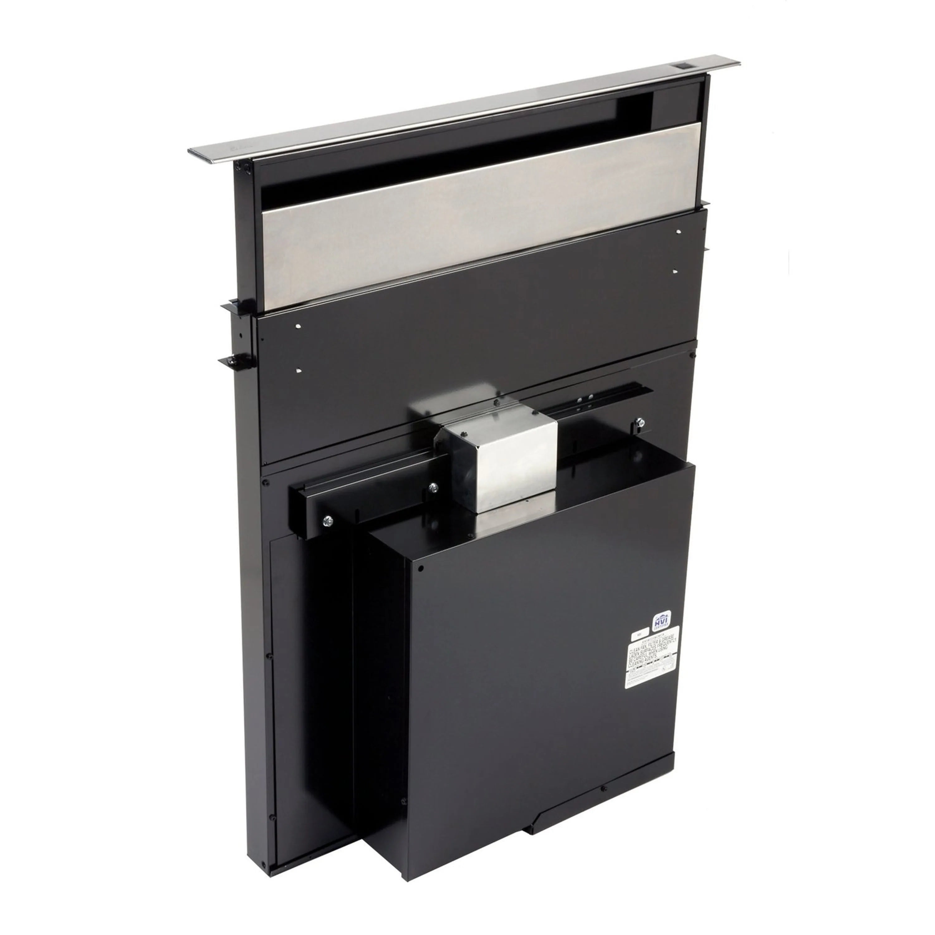 Stainless steel downdraft range hood with front black vent panel and built-in duct assembly