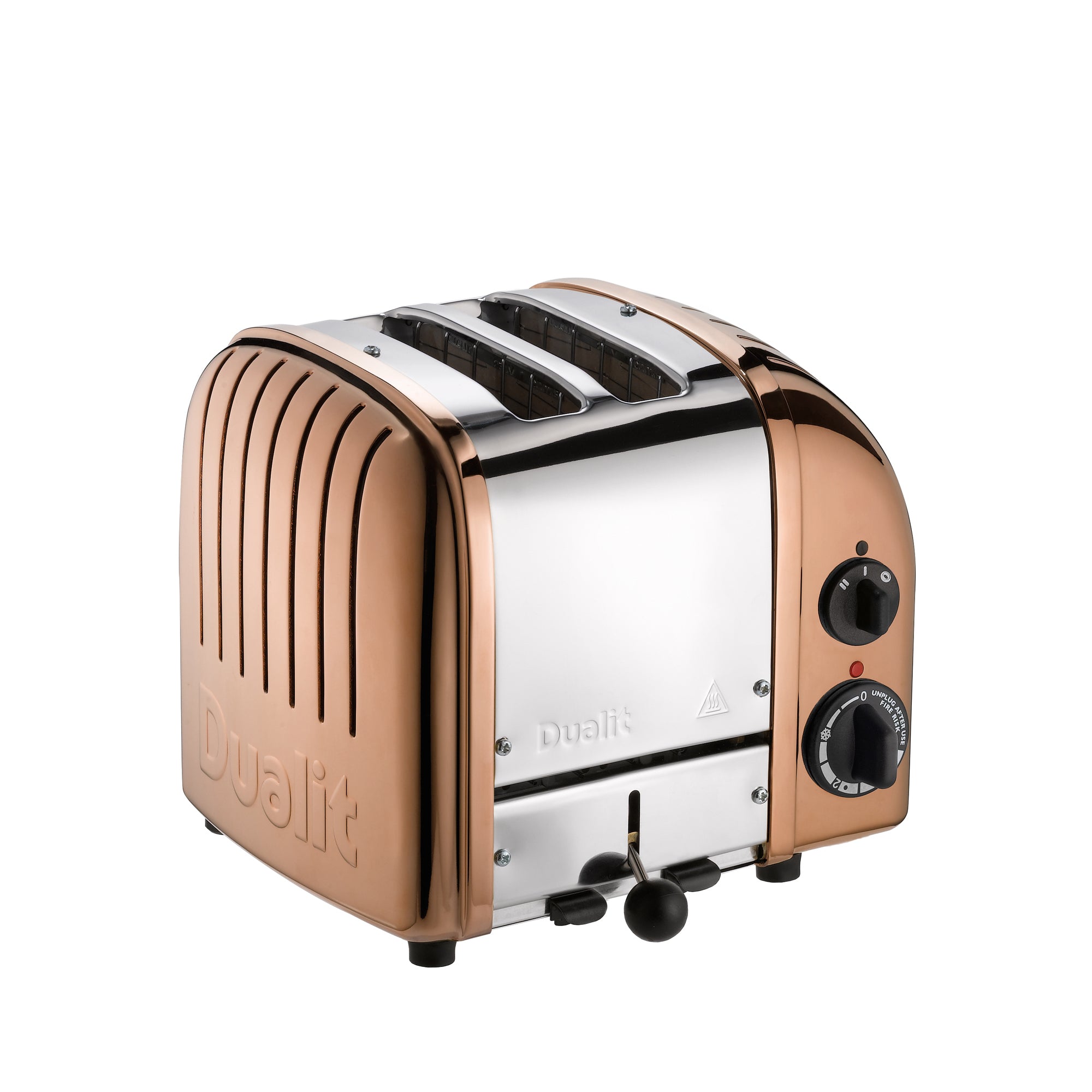 Copper and chrome 2-slice Dualit toaster with two browning knobs and front lever