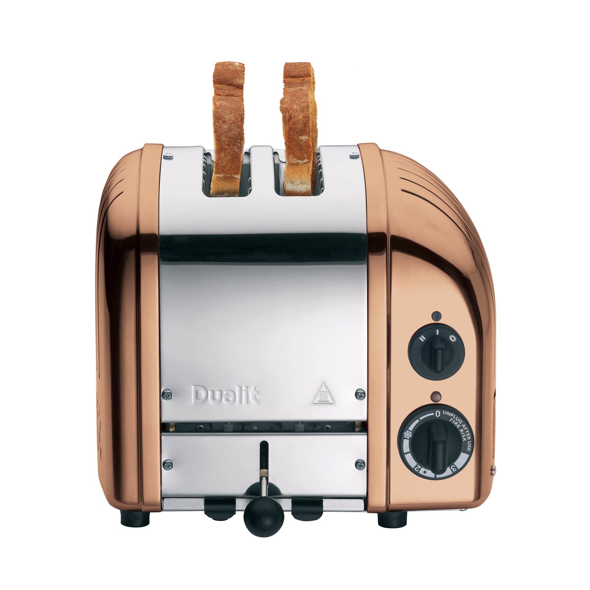 Copper and chrome Dualit 2-slice toaster with two bread slots and control dial