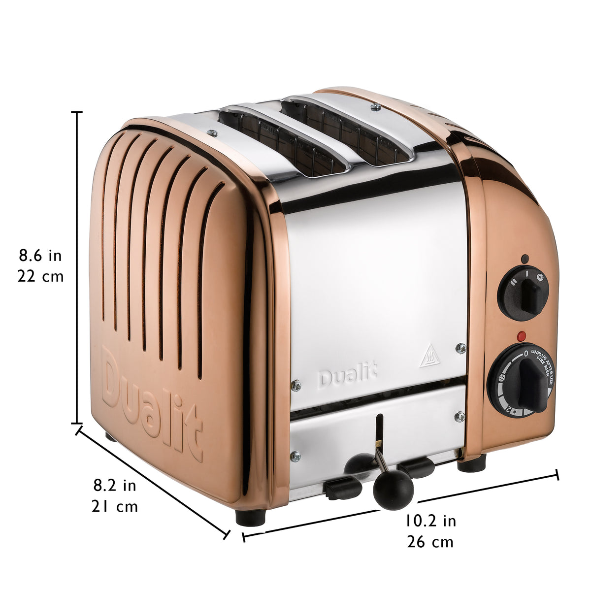 Copper and chrome Dualit 2-slice toaster with side controls and front lever; size shown