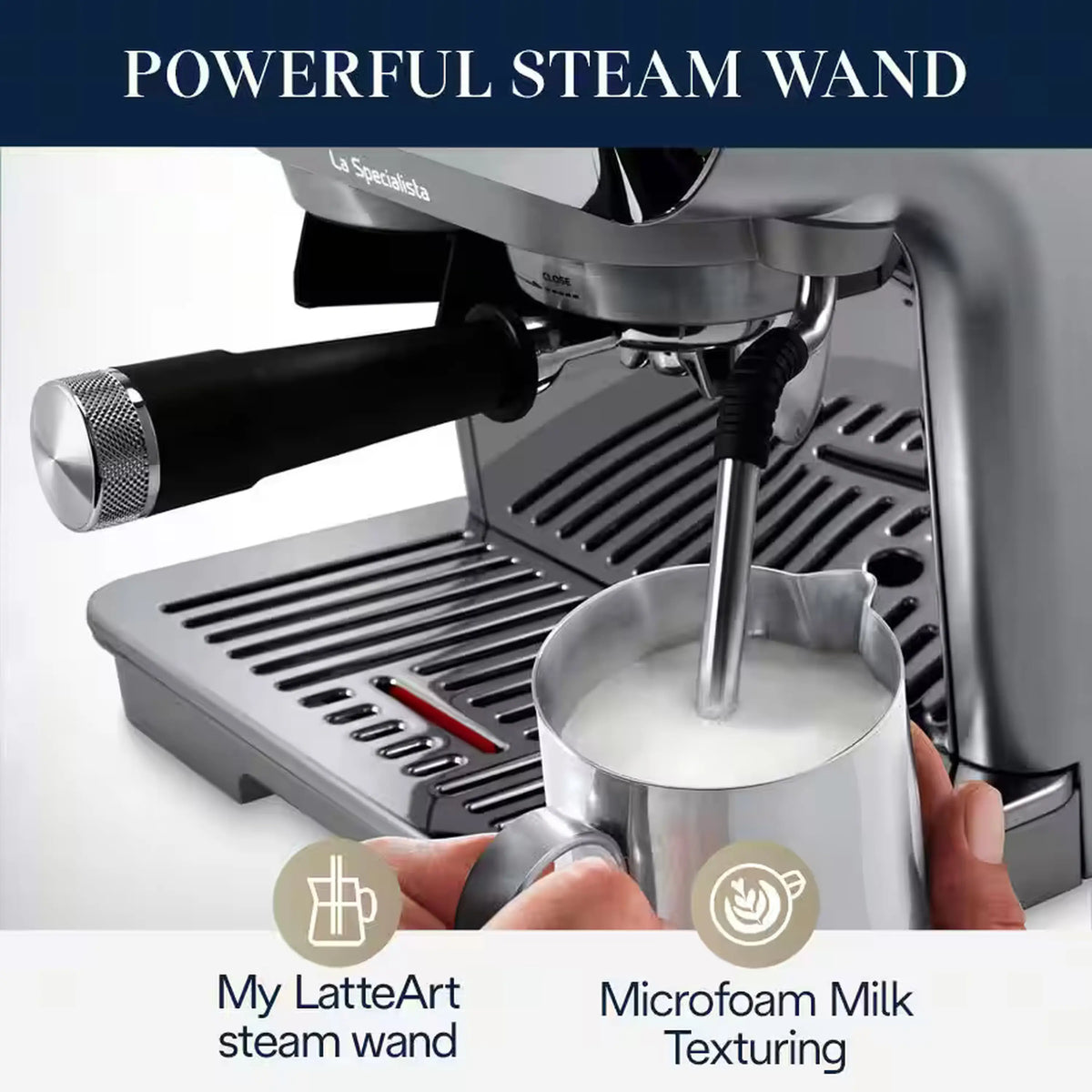 Silver espresso machine with steam wand producing microfoam milk