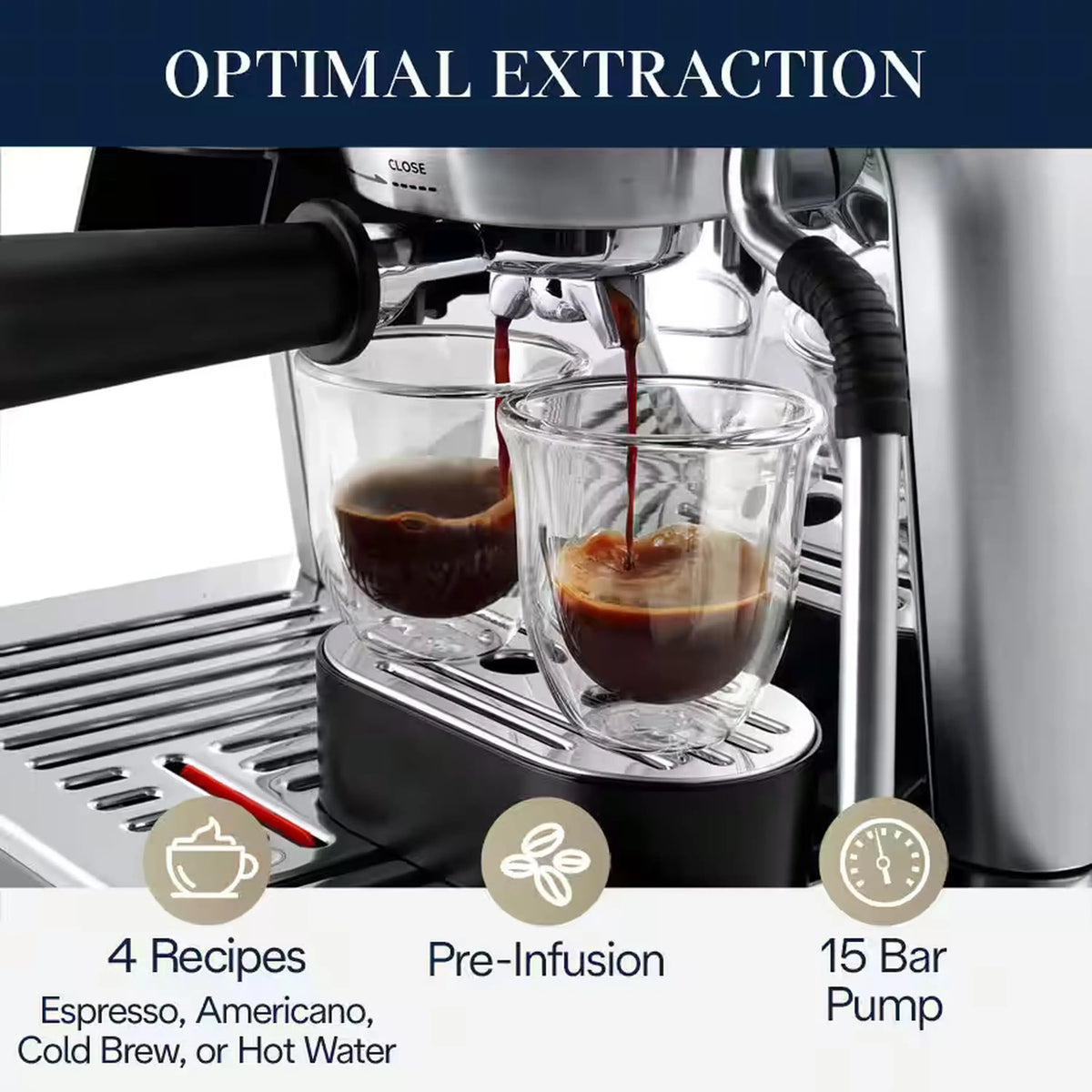 Silver espresso machine with dual cup setup showing cold extraction and pre-infusion