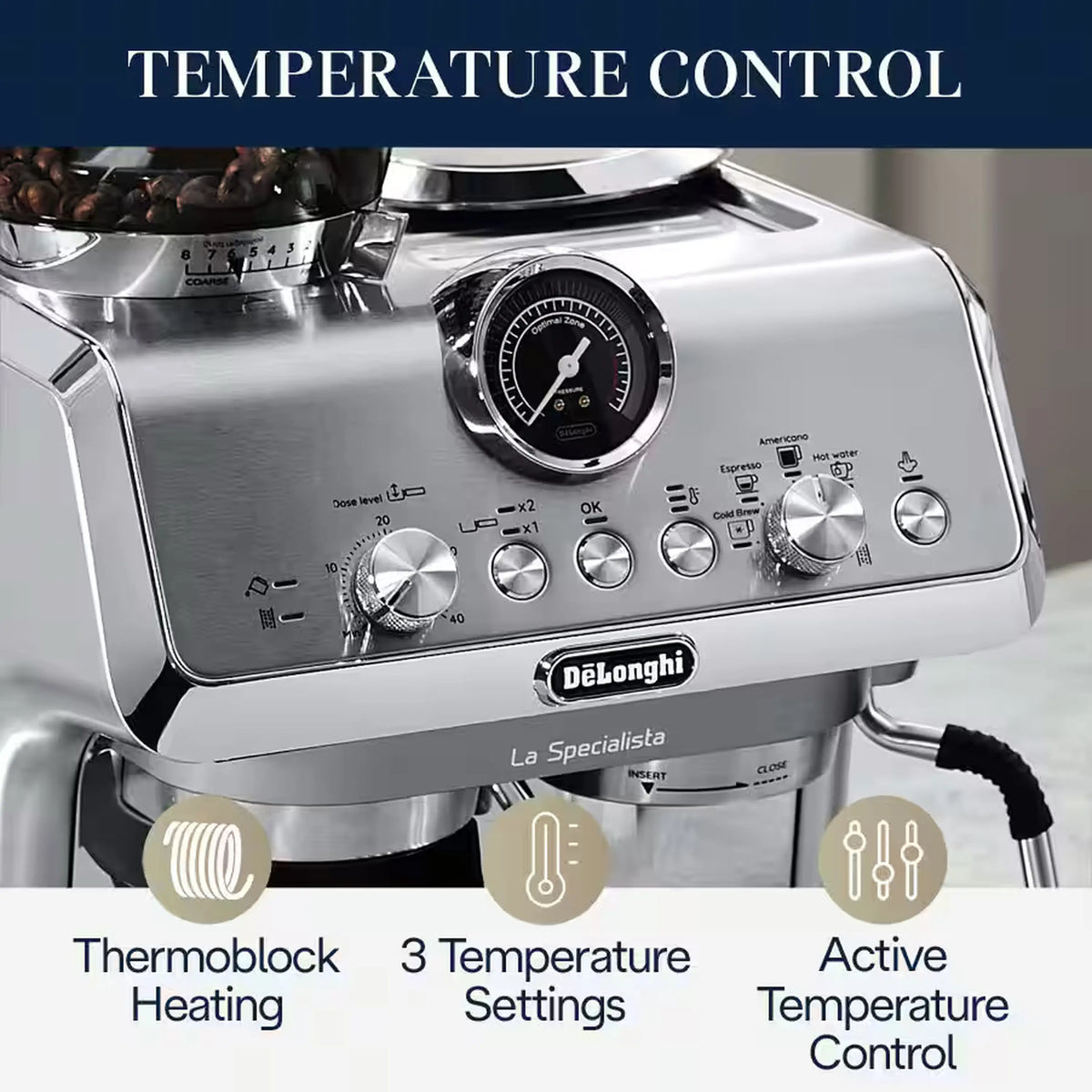 Silver espresso machine control panel with temperature settings and thermoblock dial