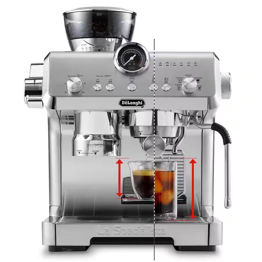Stainless steel espresso machine with cold brew carafe and front control panel