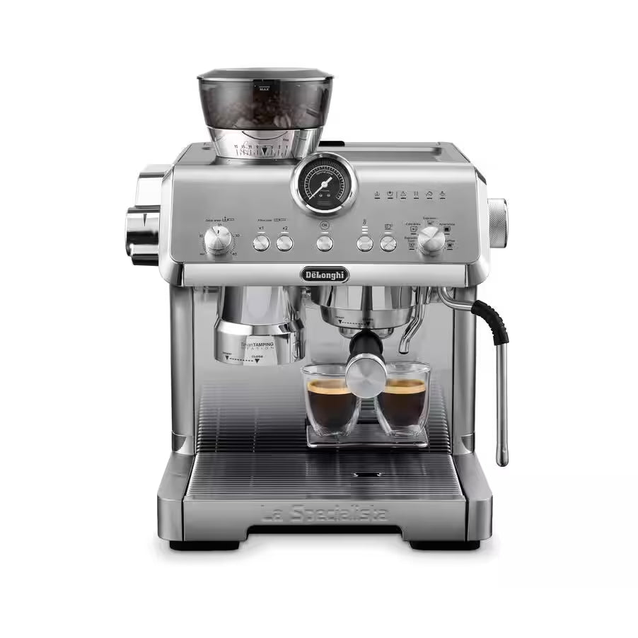 Stainless steel espresso machine with cold brew cups in dispensing area
