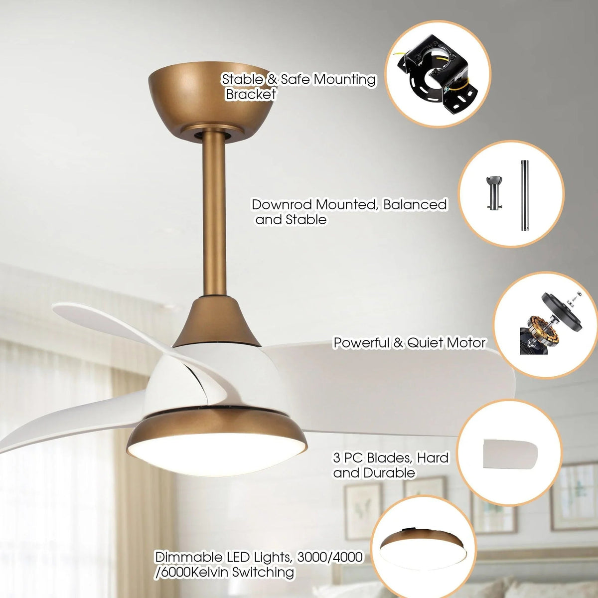 Modern ceiling fan with downrod mount and integrated LED light, gold and white blades