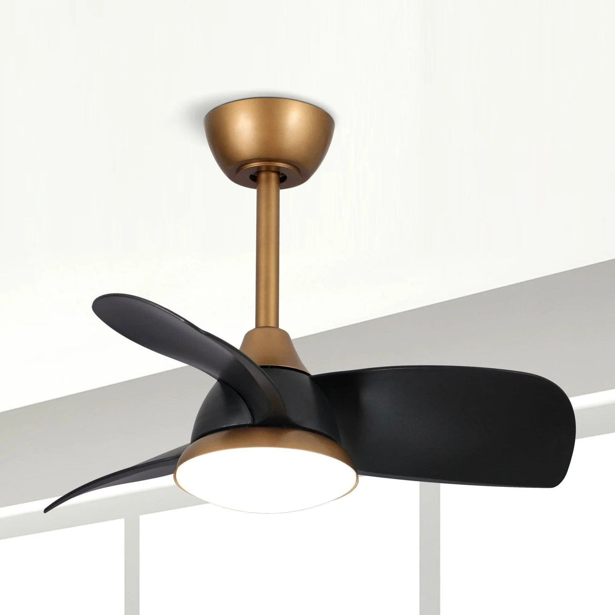 Ceiling fan with LED light, black reversible blades and bronze downrod