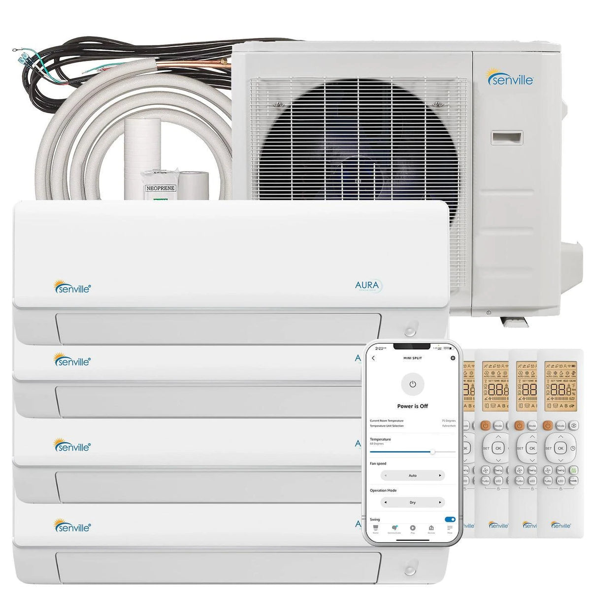 Senville Mini Split - 4-Zone 28,000 BTU Ductless Air Conditioner and Heat Pump Condenser with Wall Mount Air Handlers (SENA-30HF-Q)