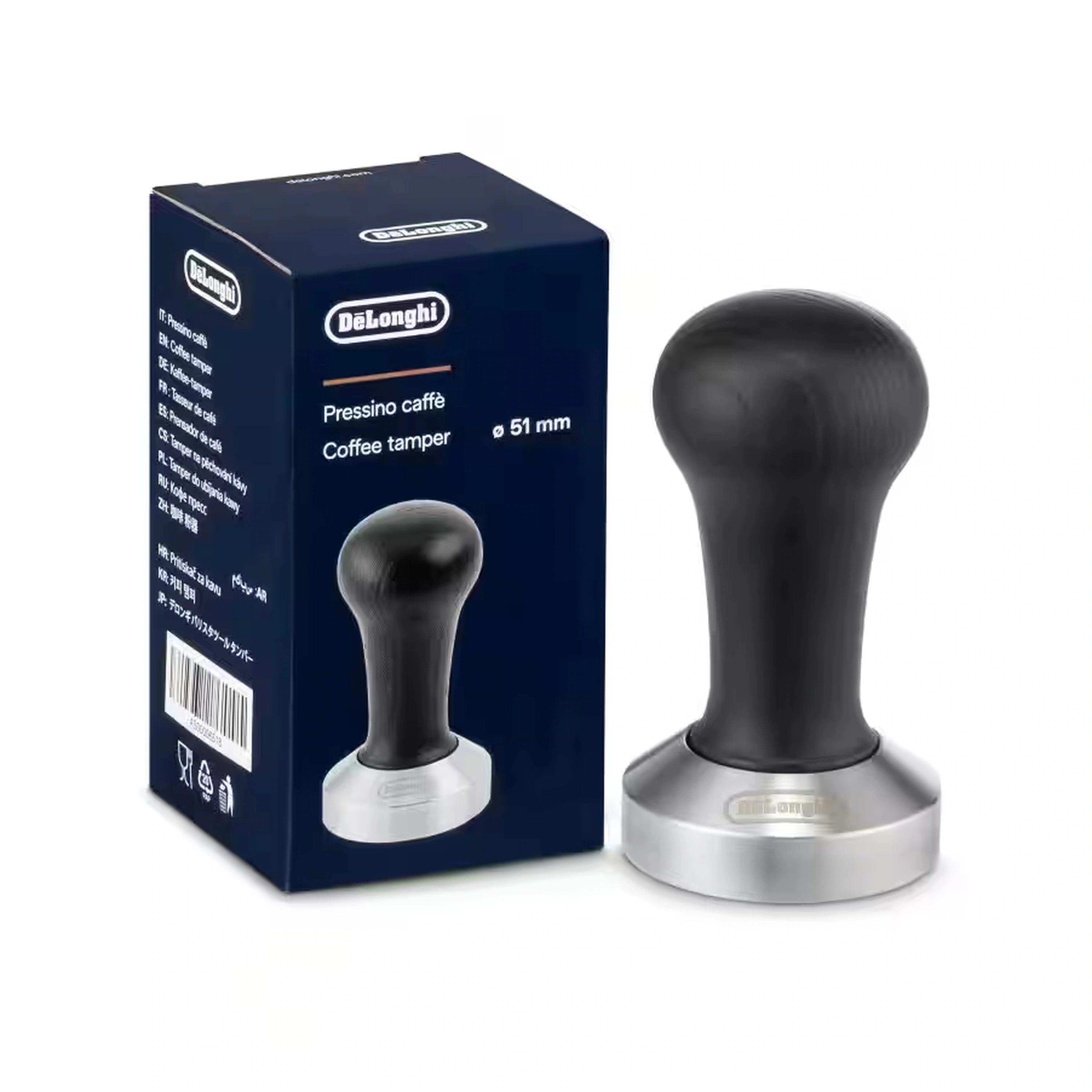 Black coffee tamper with rounded handle and silver base, shown with box