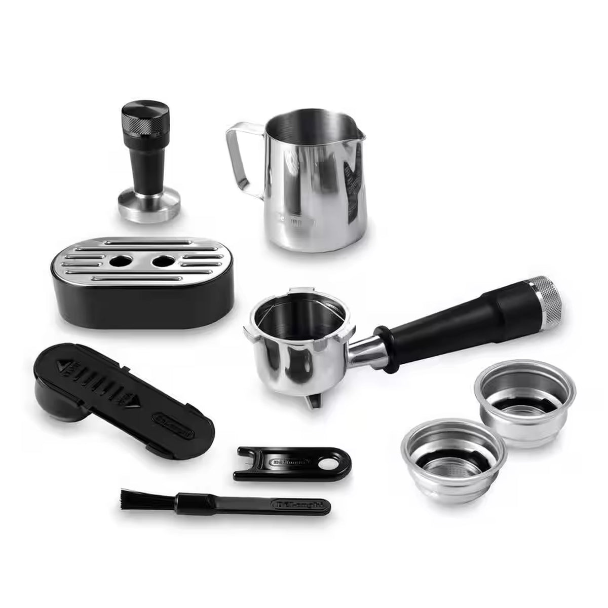 Espresso machine accessories set with stainless milk pitcher, portafilter, and black tools